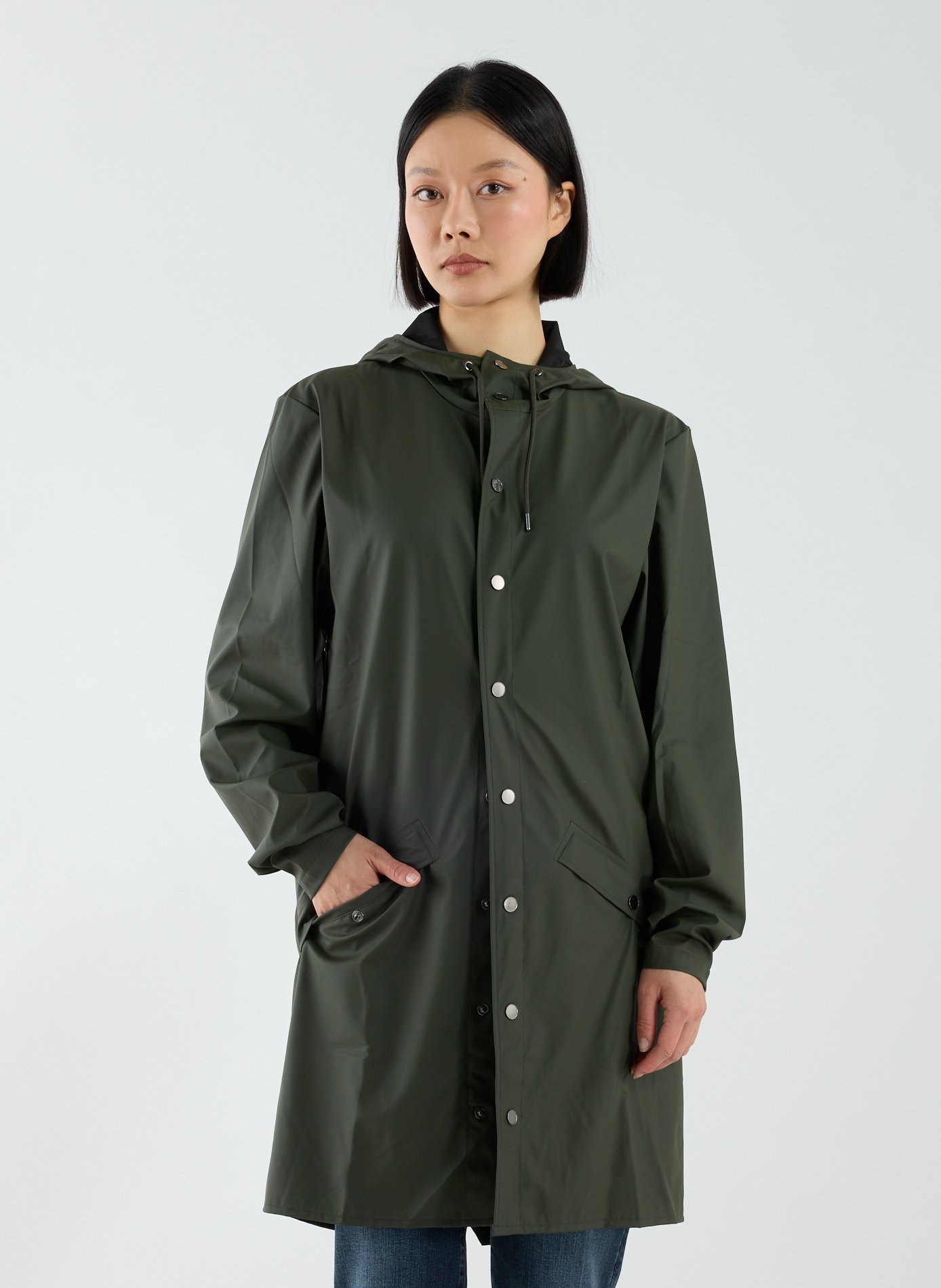 Long waterproof hooded jacket RAINS Green