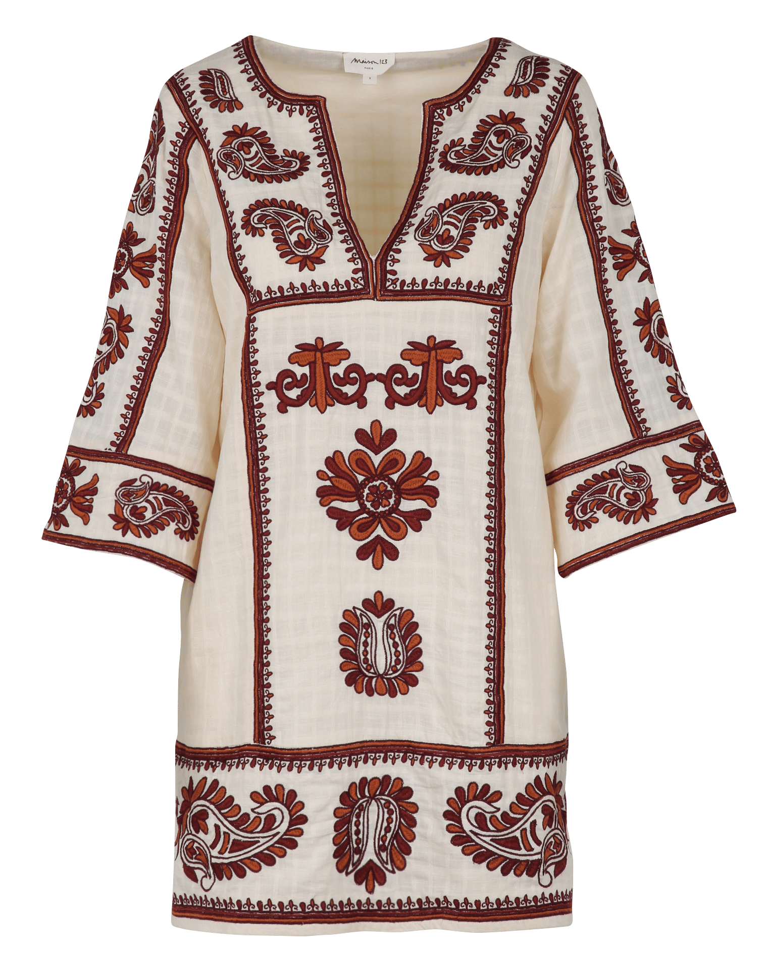 Robe courte col tunisien en coton brodée marguerite MAISON 123 Rouge