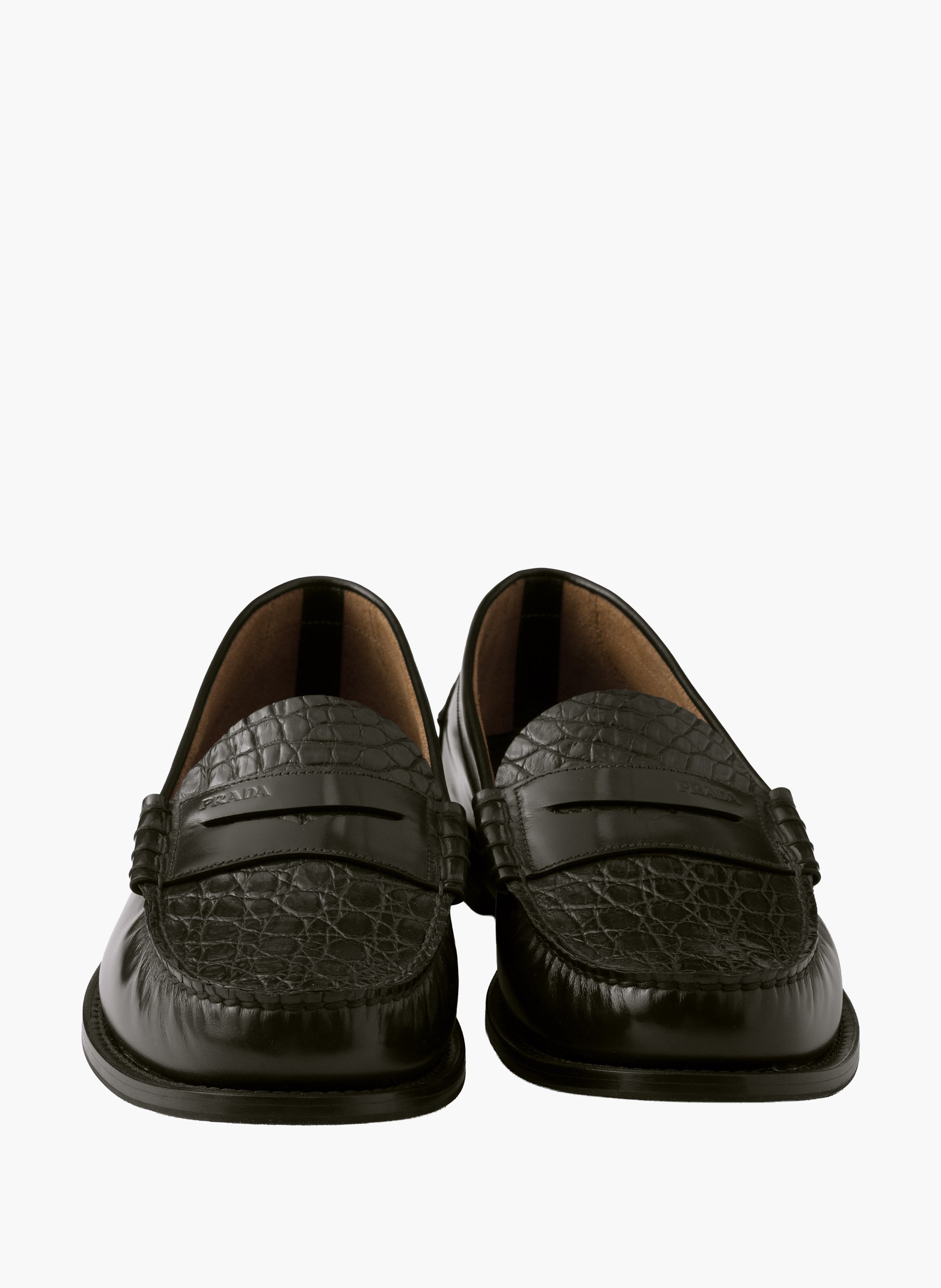 Mocassins en cuir brossé et cuir de crocodile PRADA Noir