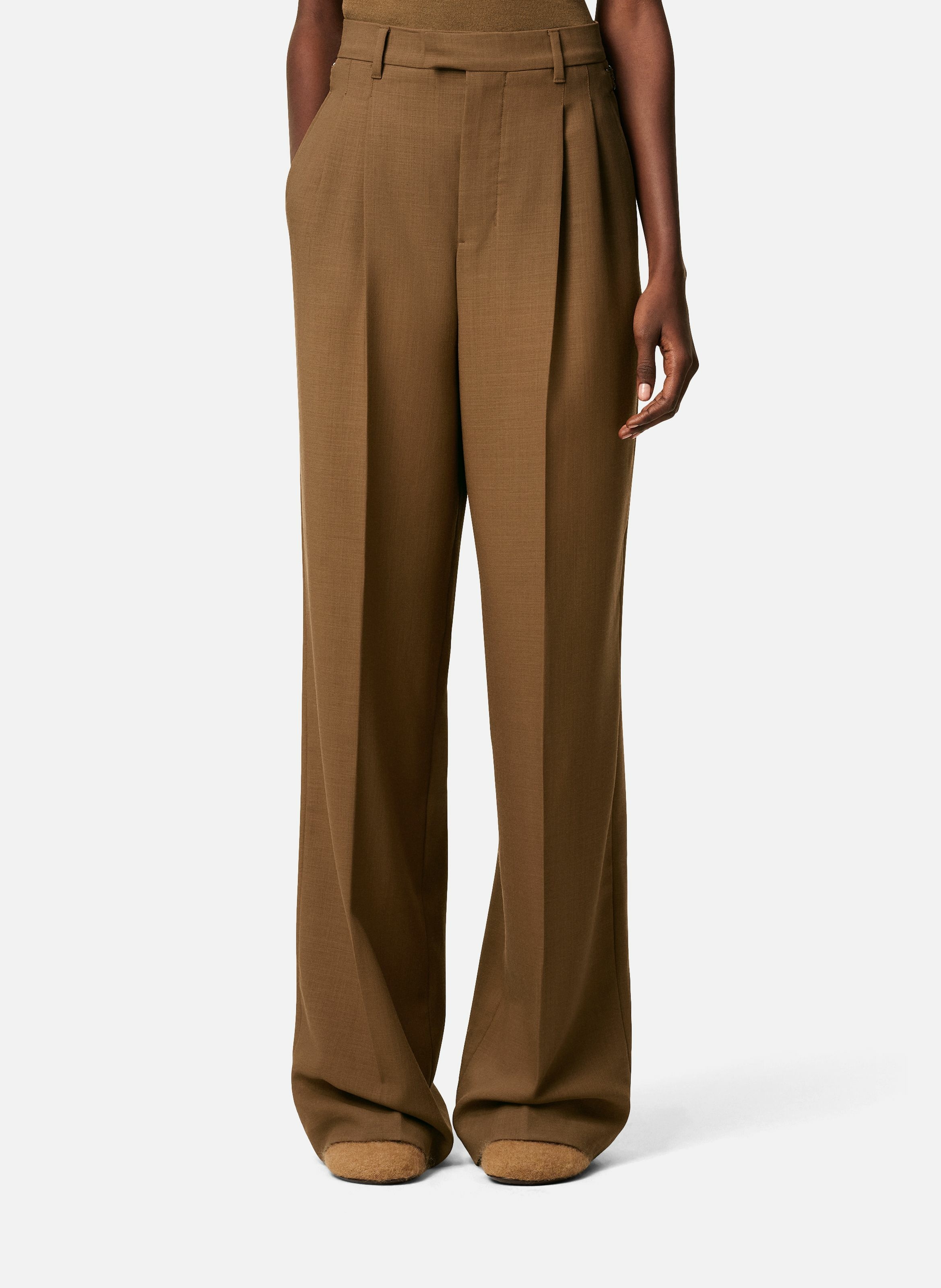 AMI PARIS Pantalon large taille haute avec pattes de serrages en laine Marron
