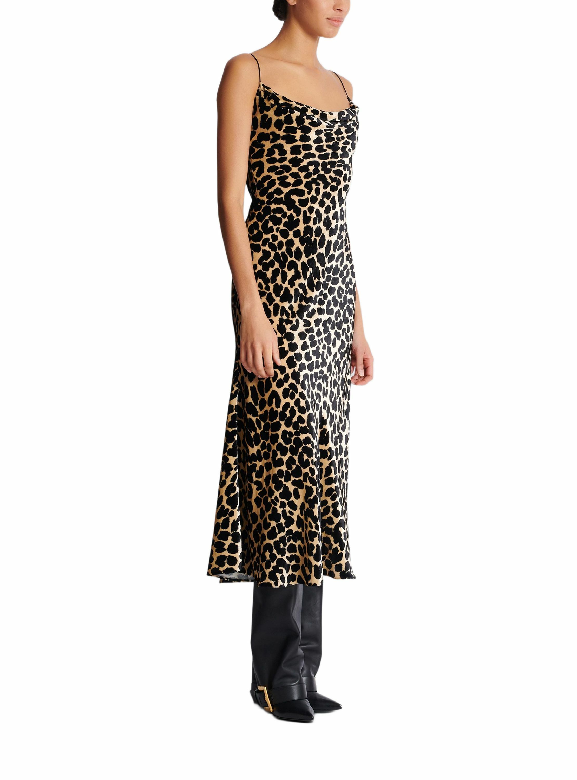 Robe fluide en velours imprimé motif léopard BALMAIN Noir