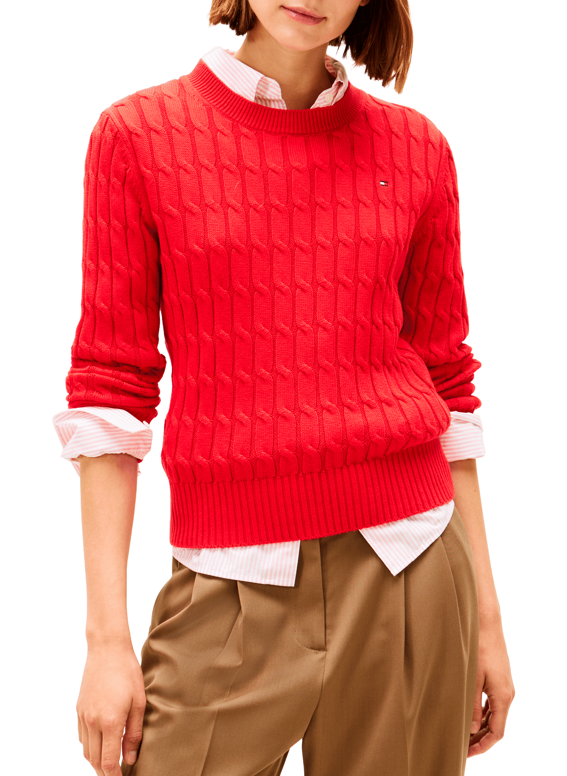 Pull droit à col rond en maille côtelée de coton TOMMY HILFIGER Rouge