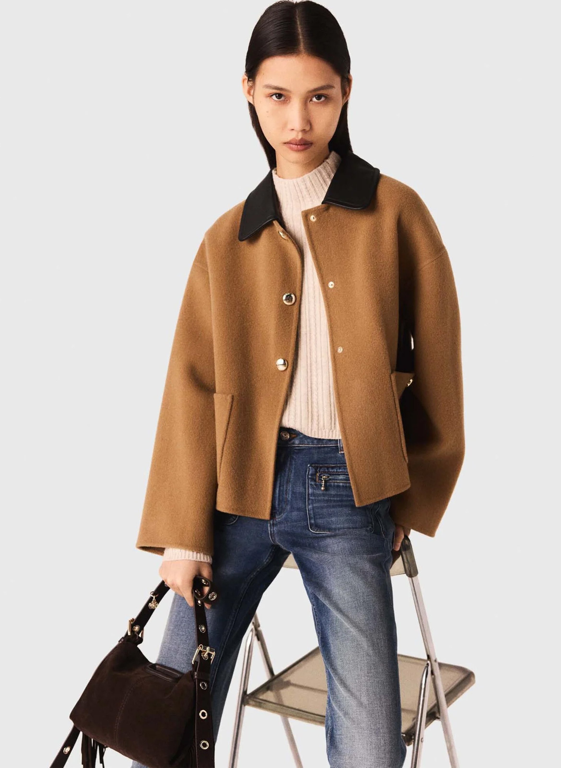 Manteau droit en laine mélangée MAJE Beige