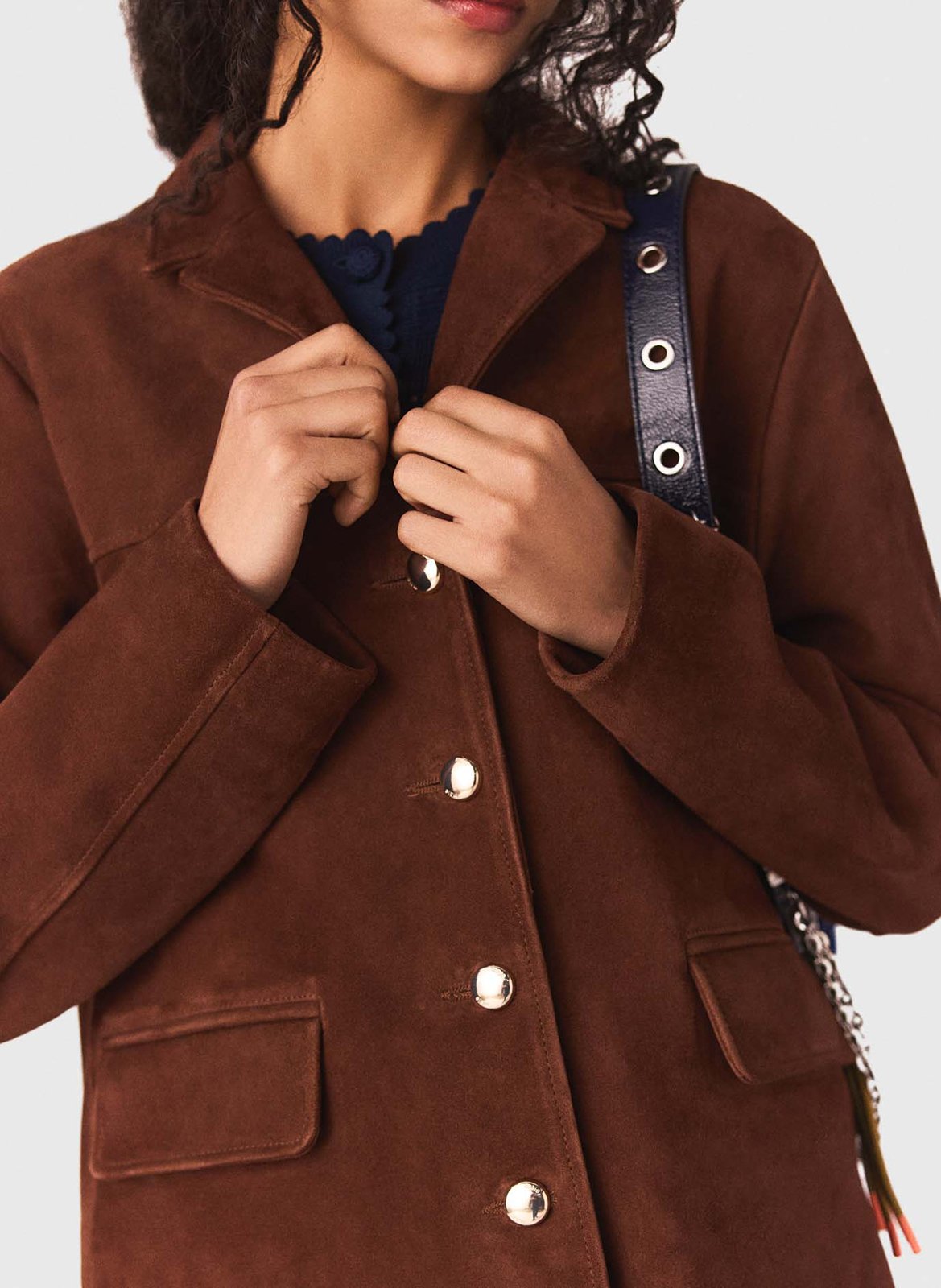 Veste col classique en cuir velours MAJE Marron