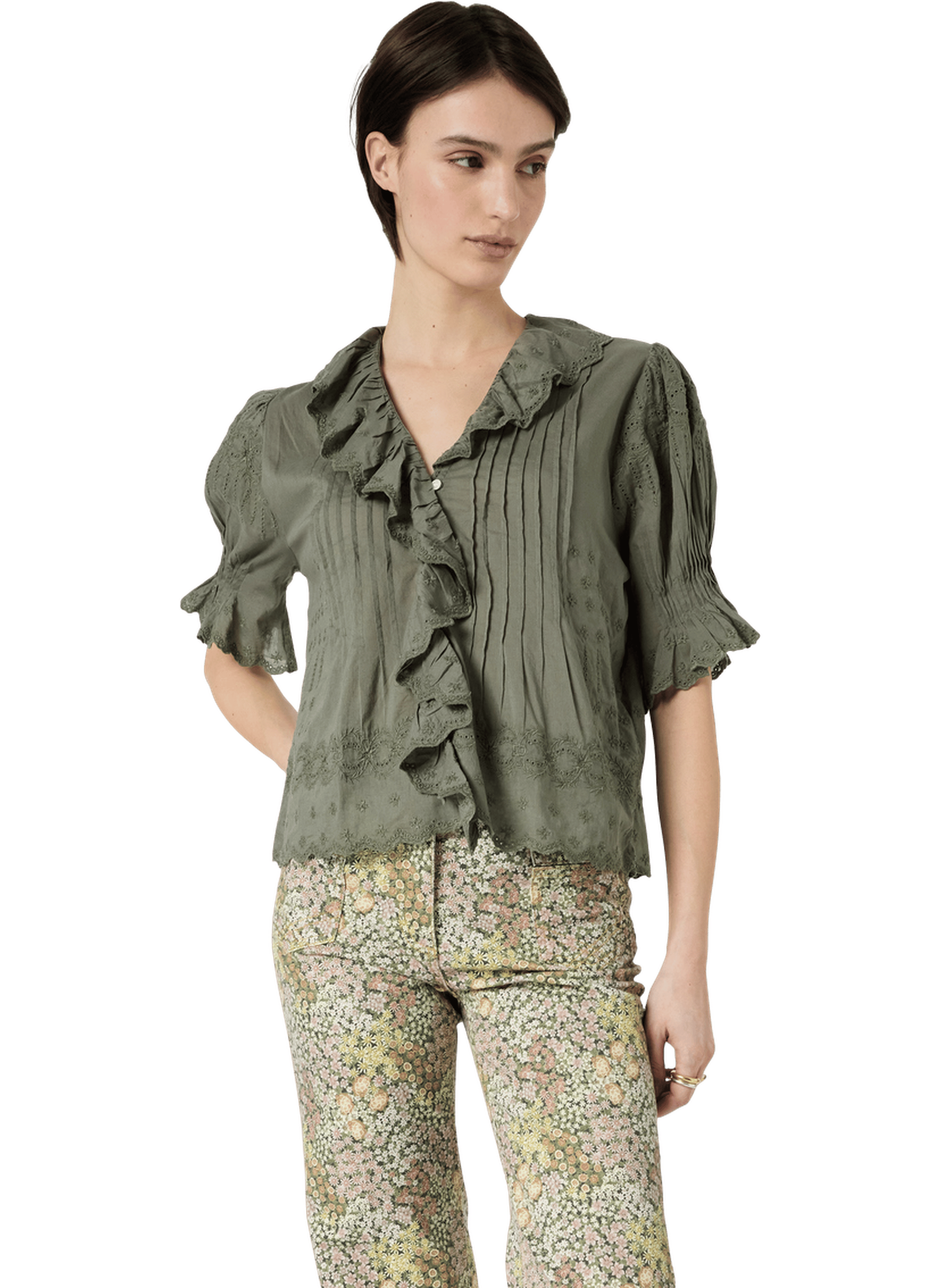 Chemise brodée en voile de coton - ceylia  Vert kaki