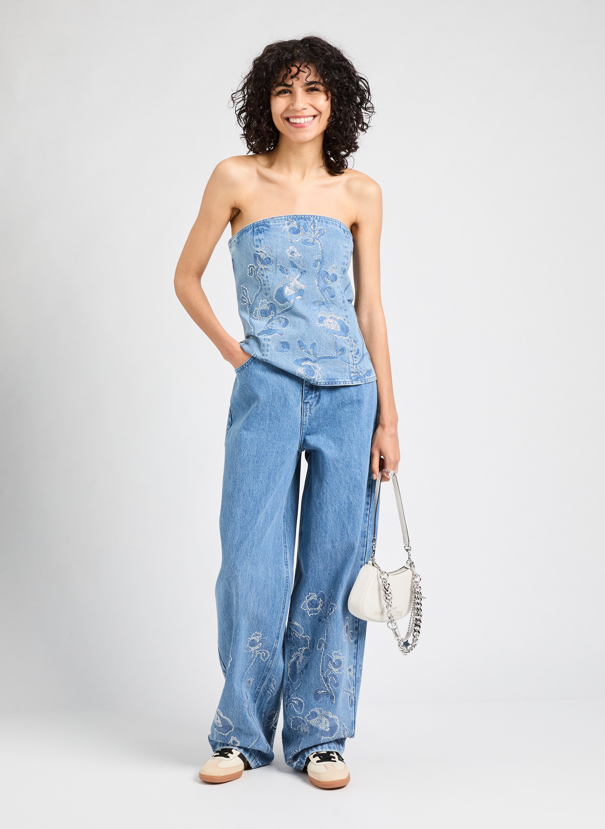 Jean Rhinestone Wide Leg ROTATE Bleu