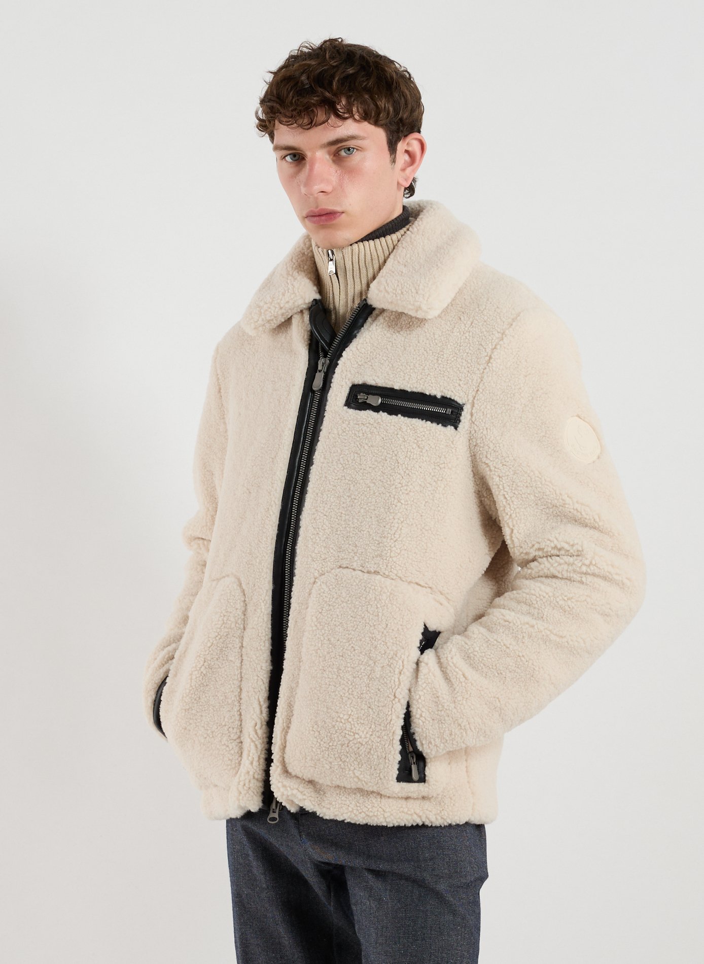 SAVE THE DUCK Straight shearling jacket with classic collar Beige