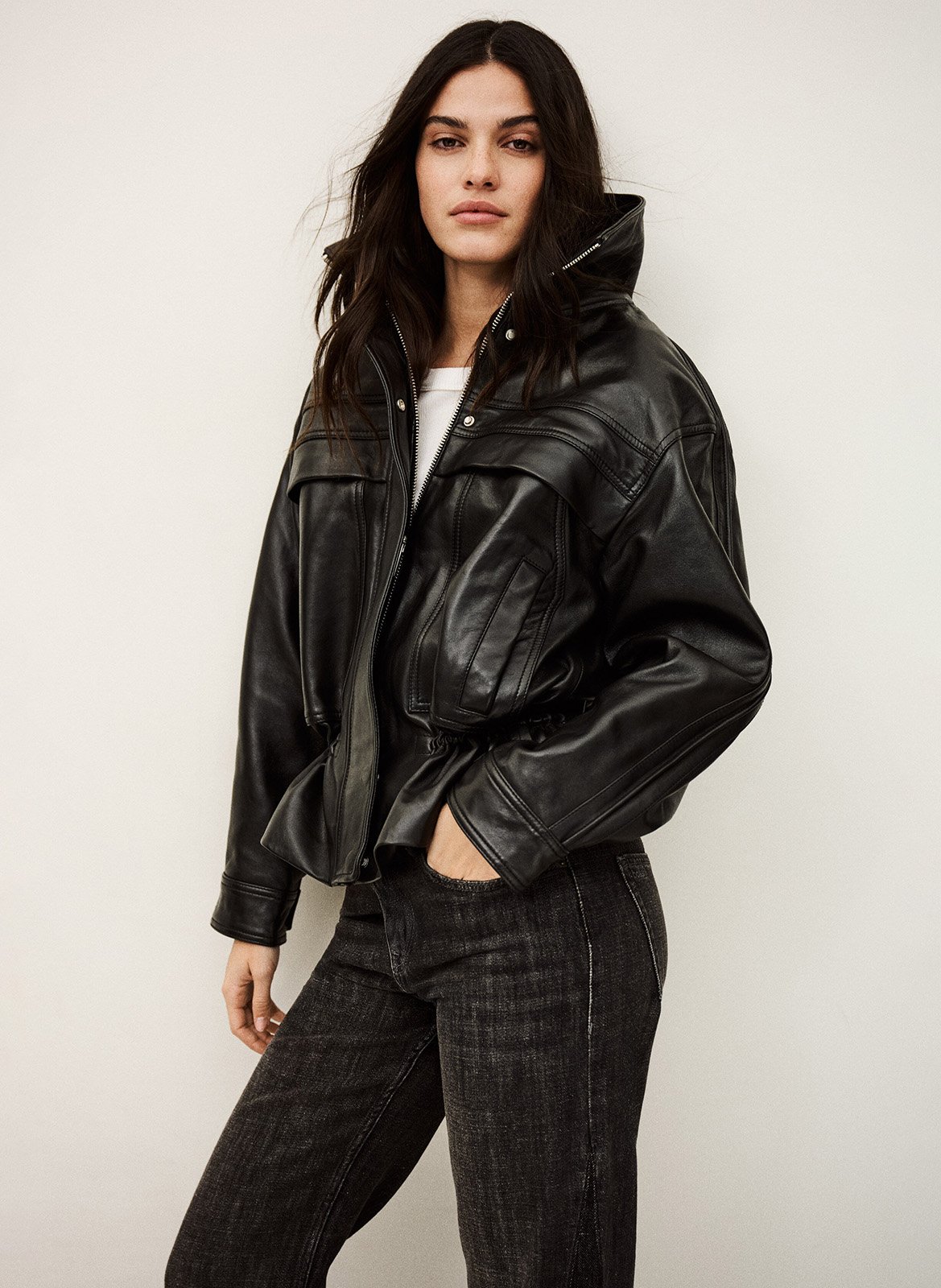 Veste en cuir cintrée à col montant kassia BA&SH Noir