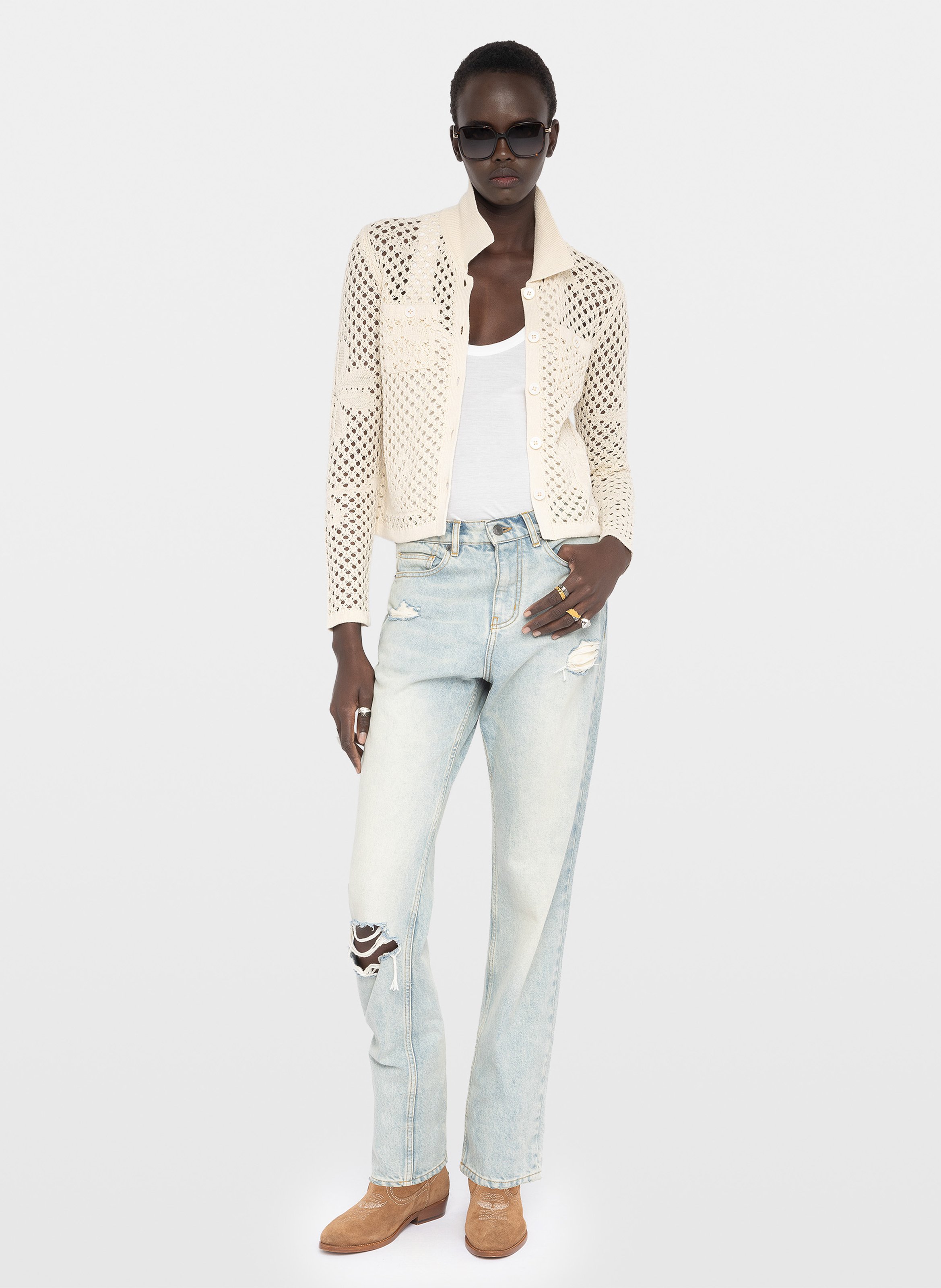 Cardigan droit col classique en coton et lin mélangé voltyz ZADIG&VOLTAIRE Blanc