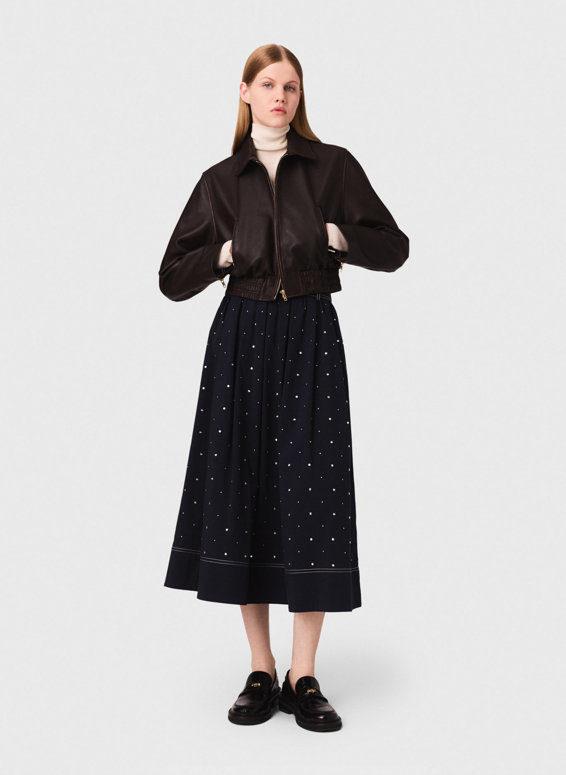 Blouson court zippé en cuir MAJE Marron