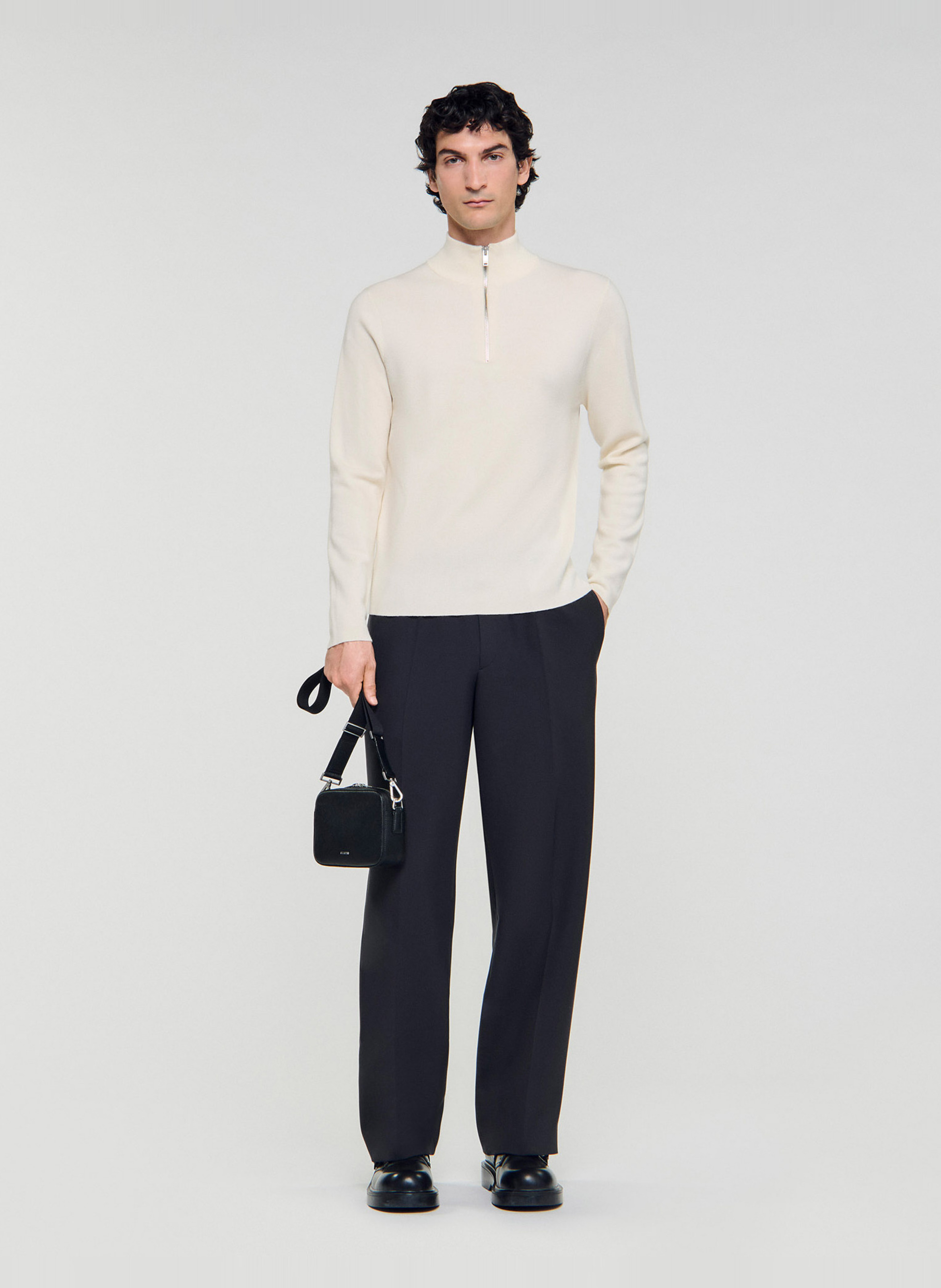 Pull col montant zippé en laine SANDRO Blanc