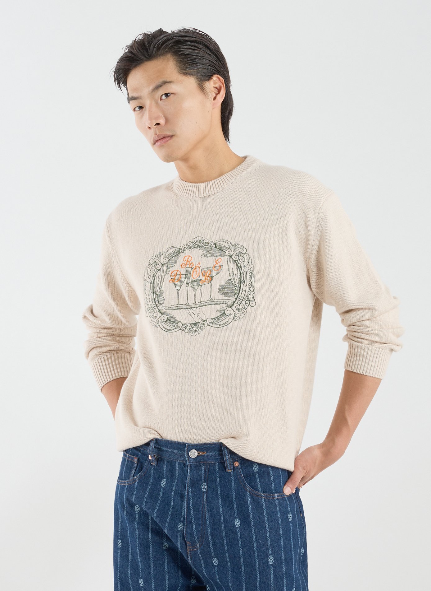 DROLE DE MONSIEUR Pull ample brodé en laine et coton Beige
