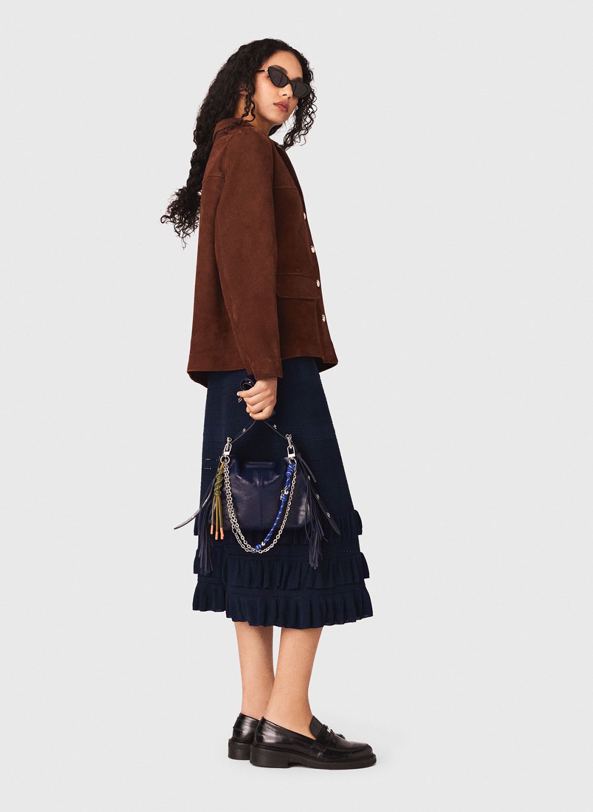 Veste col classique en cuir velours MAJE Marron