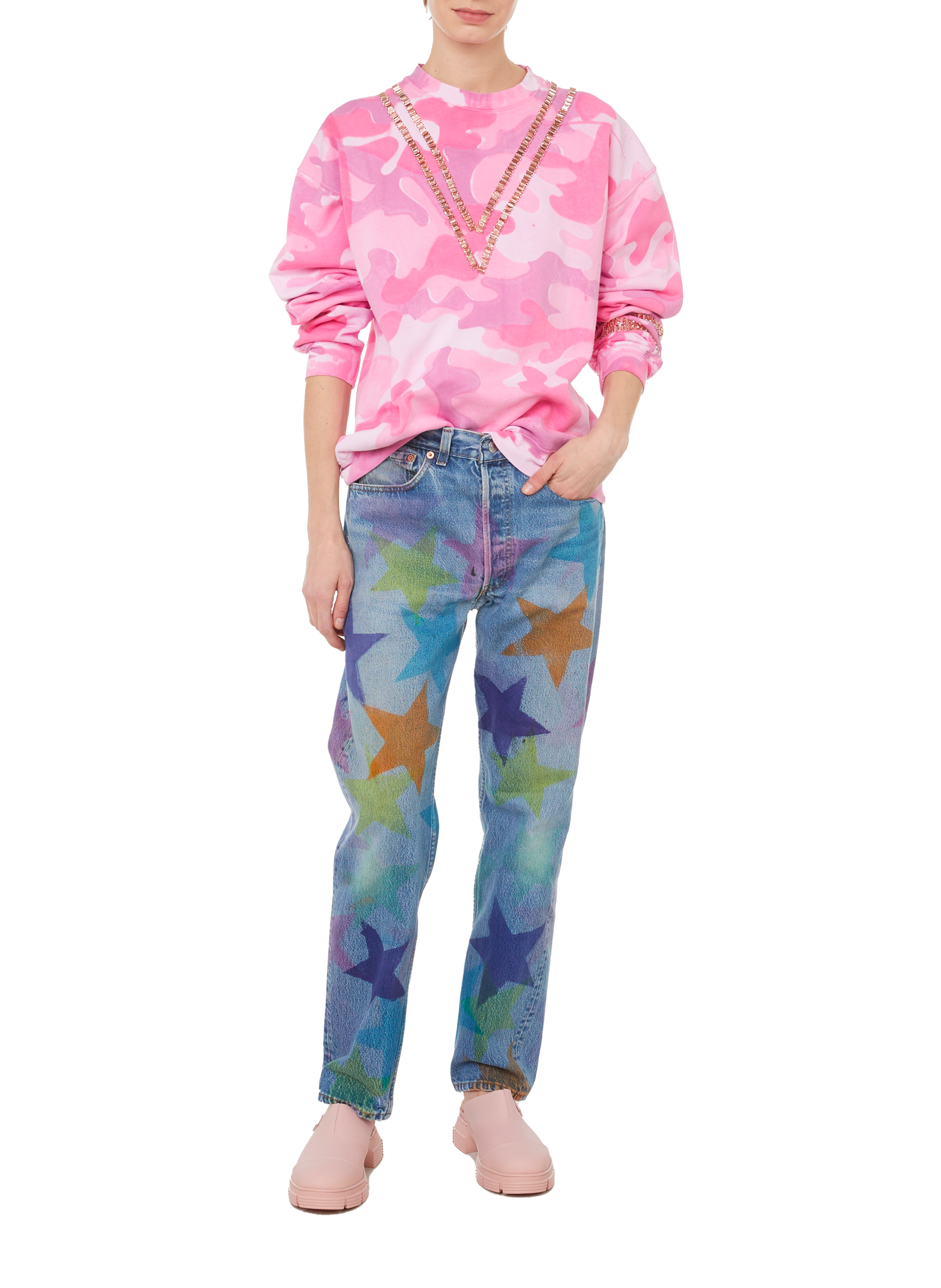 Camouflage and rhinestone cotton sweatshirt COLLINA STRADA Pink