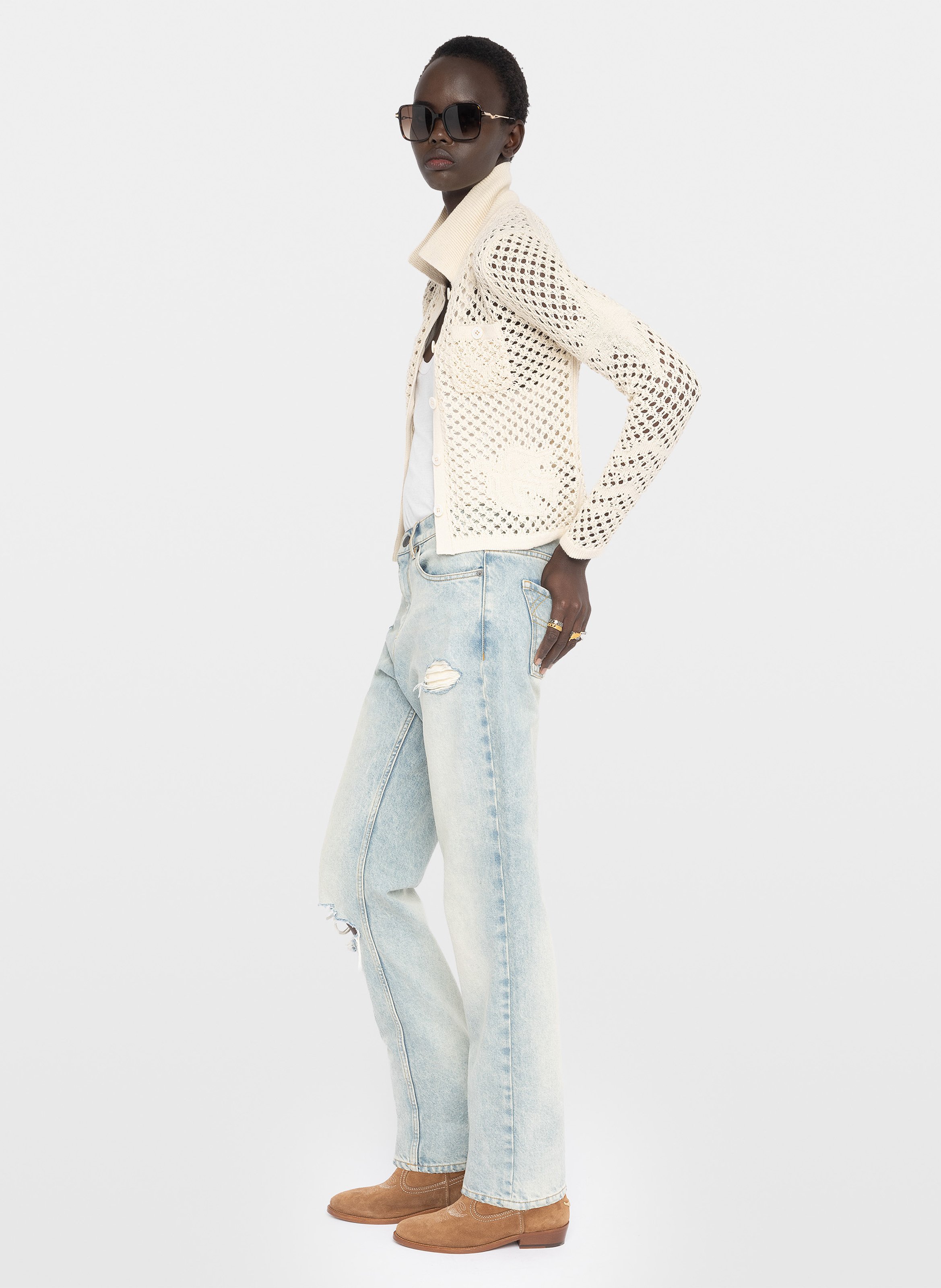 Cardigan droit col classique en coton et lin mélangé voltyz ZADIG&VOLTAIRE Blanc