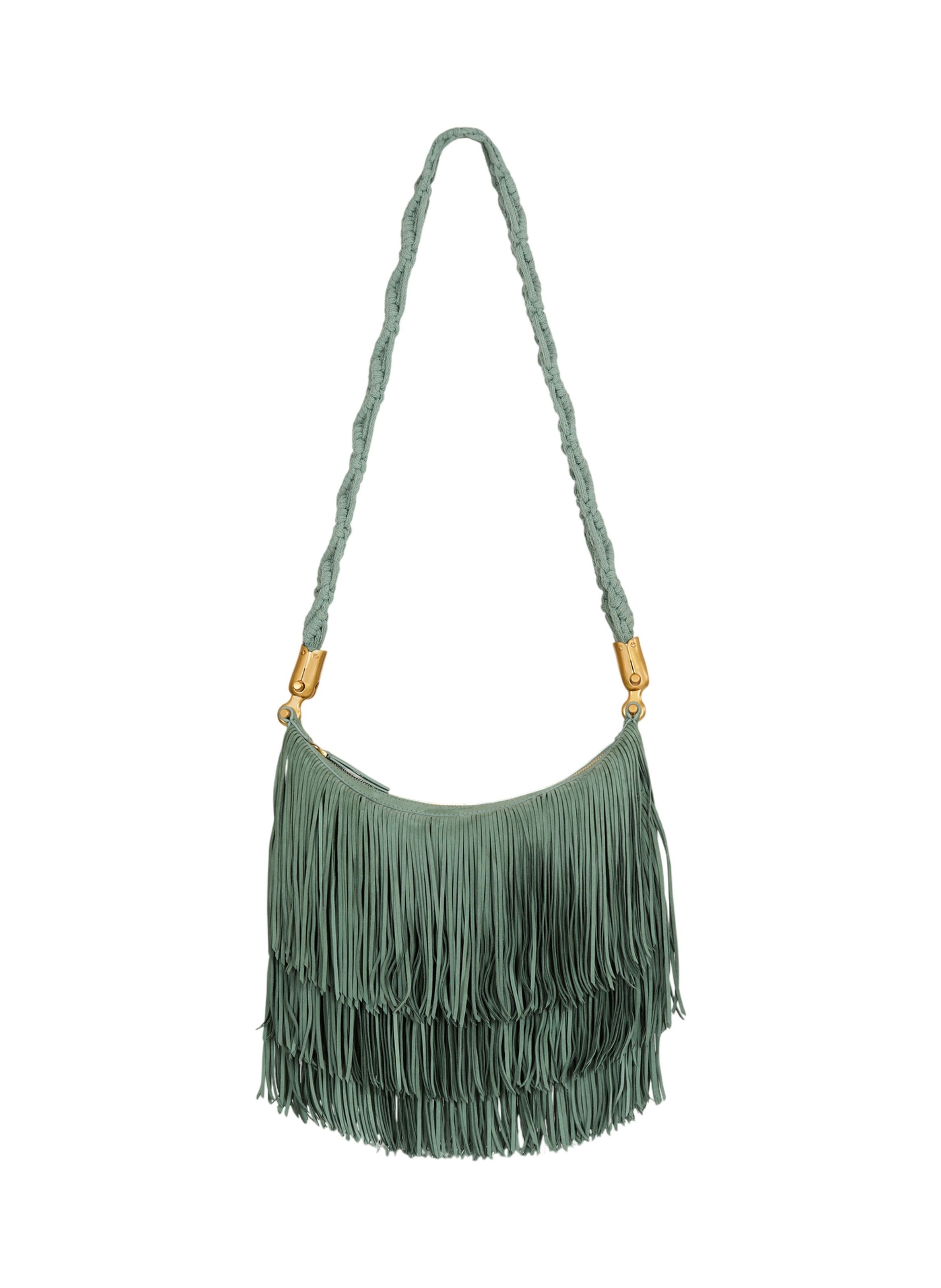 Sac ébène hobo en cuir suédé à franges BALMAIN Vert