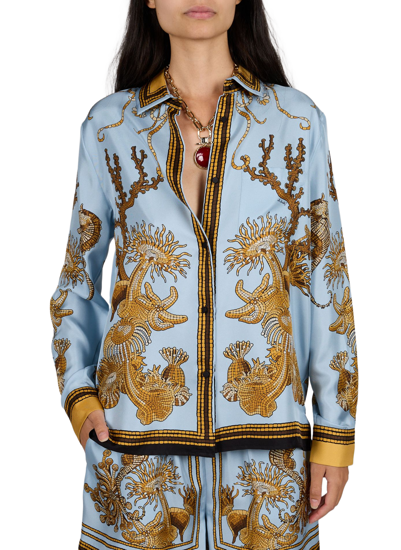 Gerade Seidenhemd mit Print LA DOUBLEJ Blau