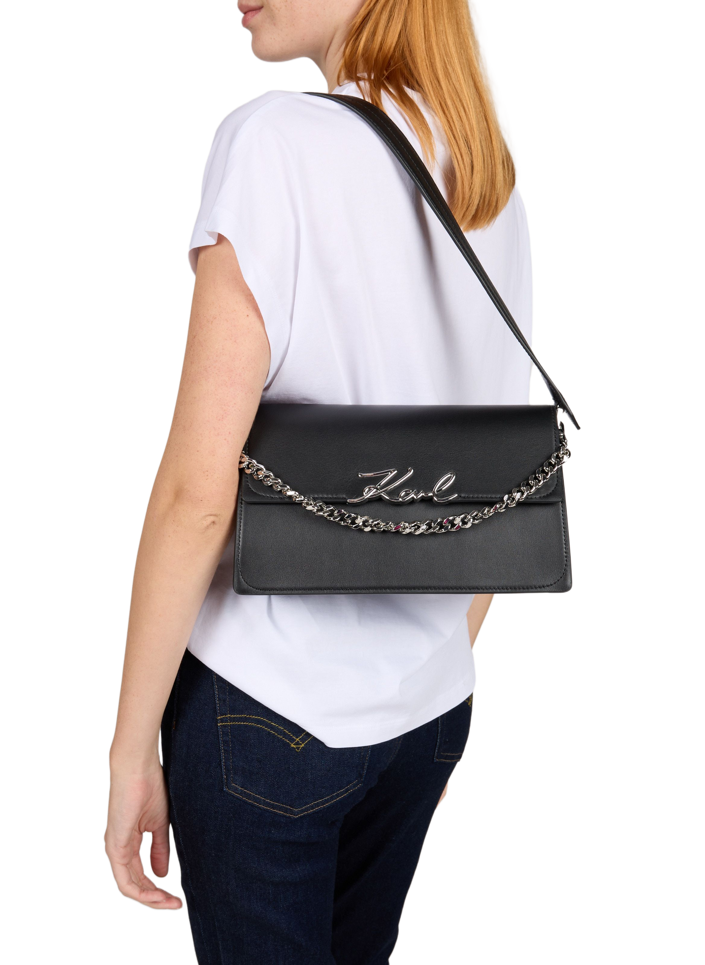 K/Signature leather shoulder bag KARL LAGERFELD Black