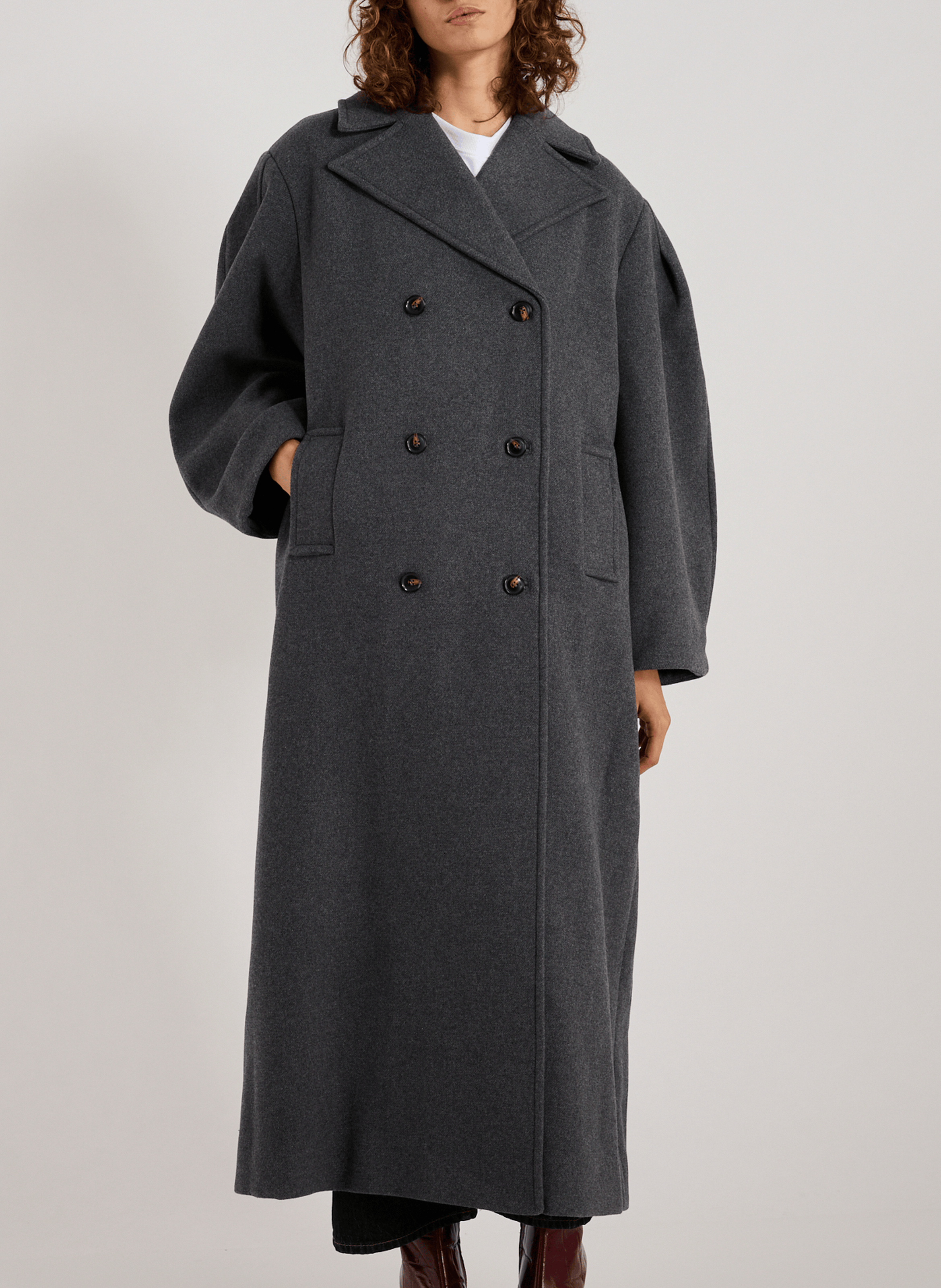 GANNI Caban long oversize en laine Gris