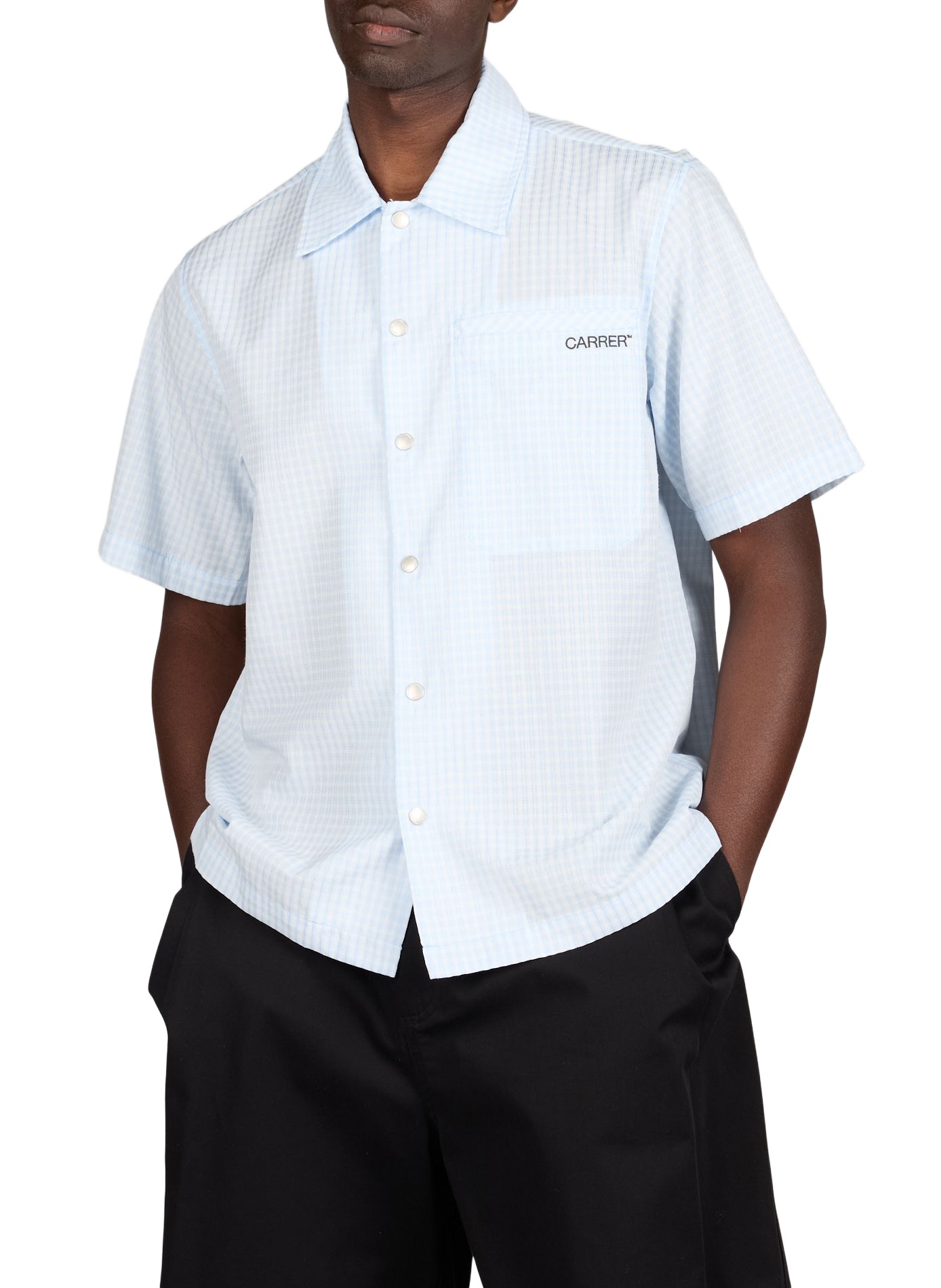 Chemise manches courtes à carreaux en coton et lin mélangés CARRER Bleu