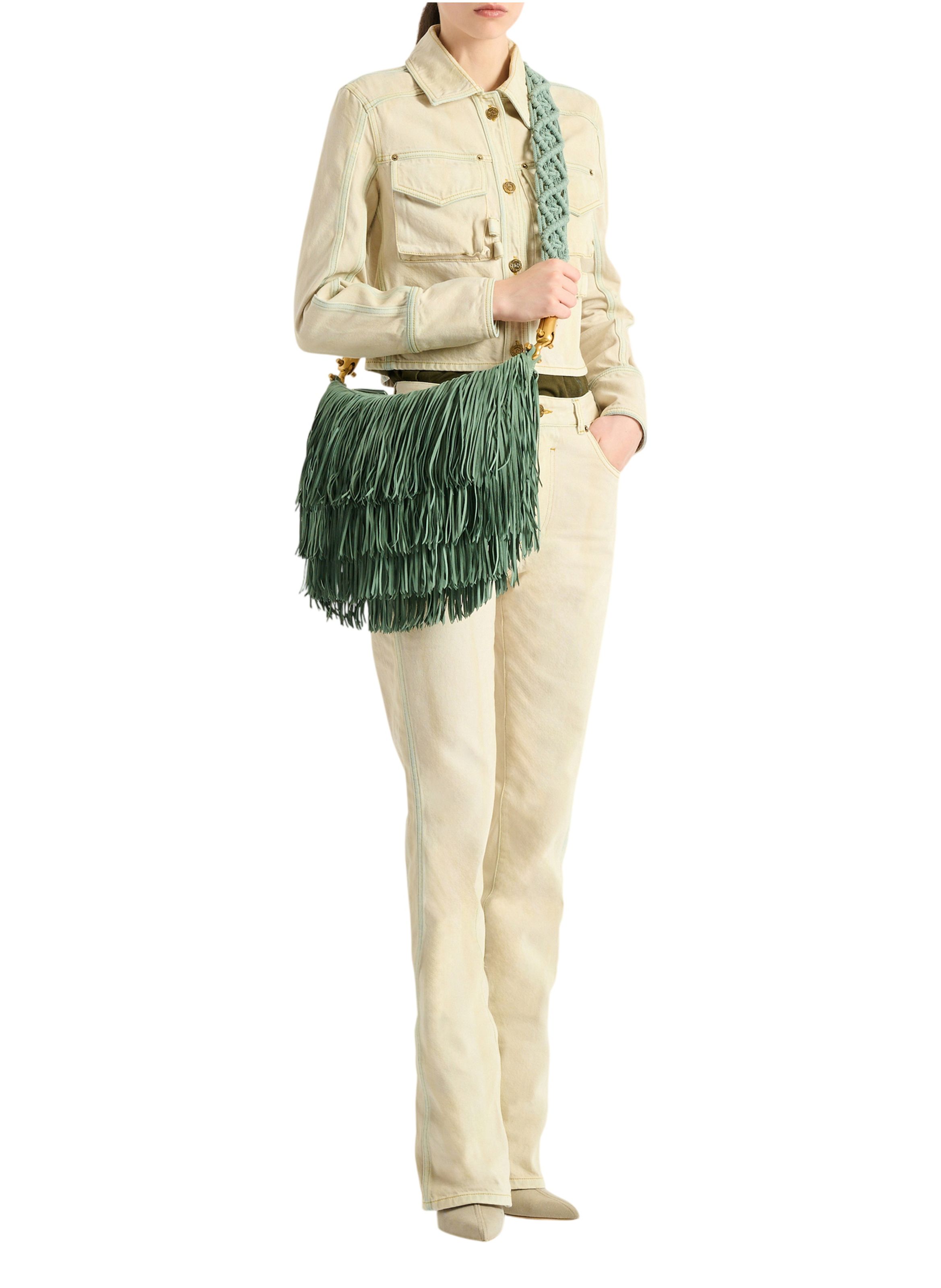 Sac ébène hobo en cuir suédé à franges BALMAIN Vert