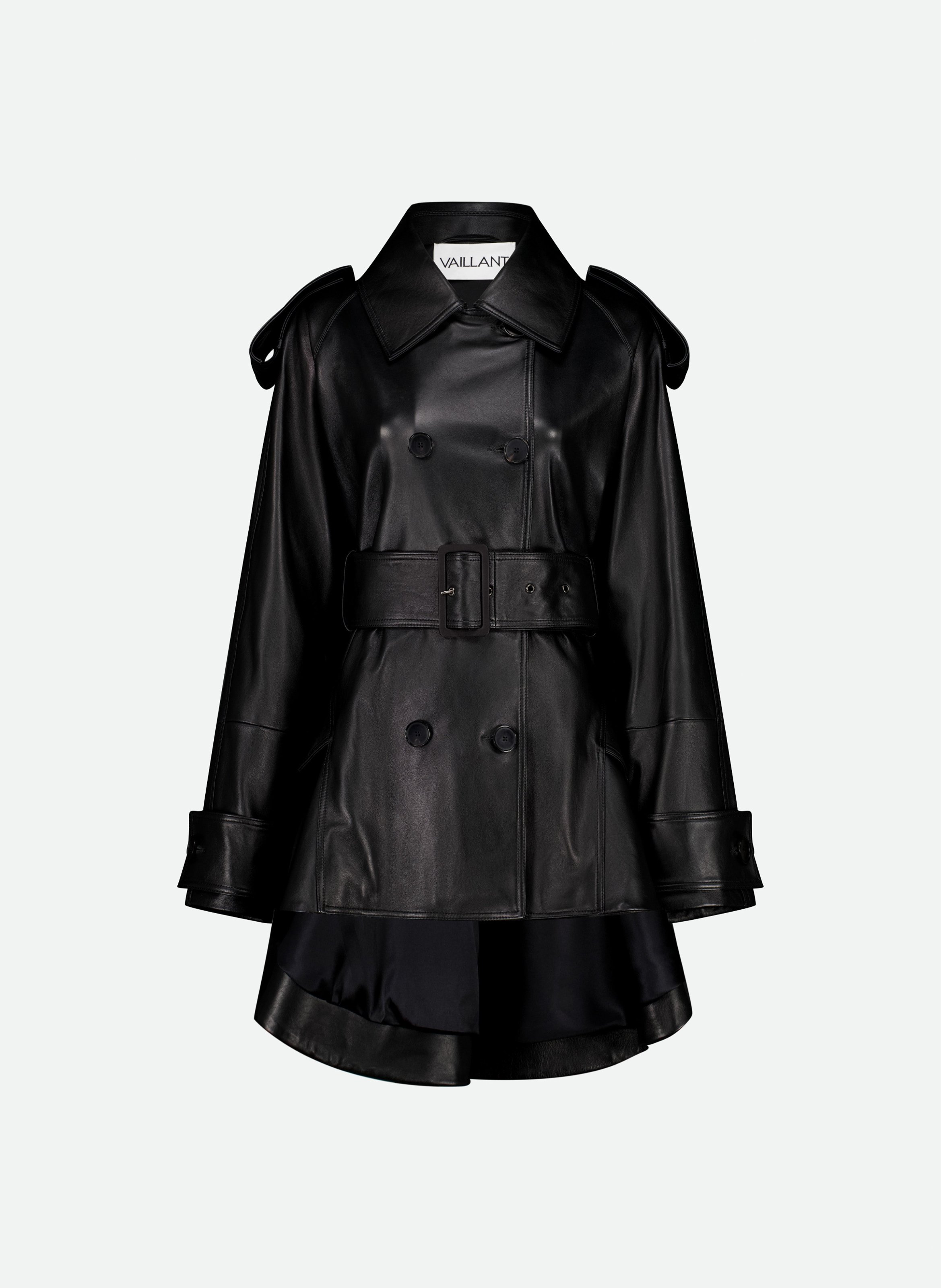 Manteau trench court en cuir avec basque au dos VAILLANT Noir