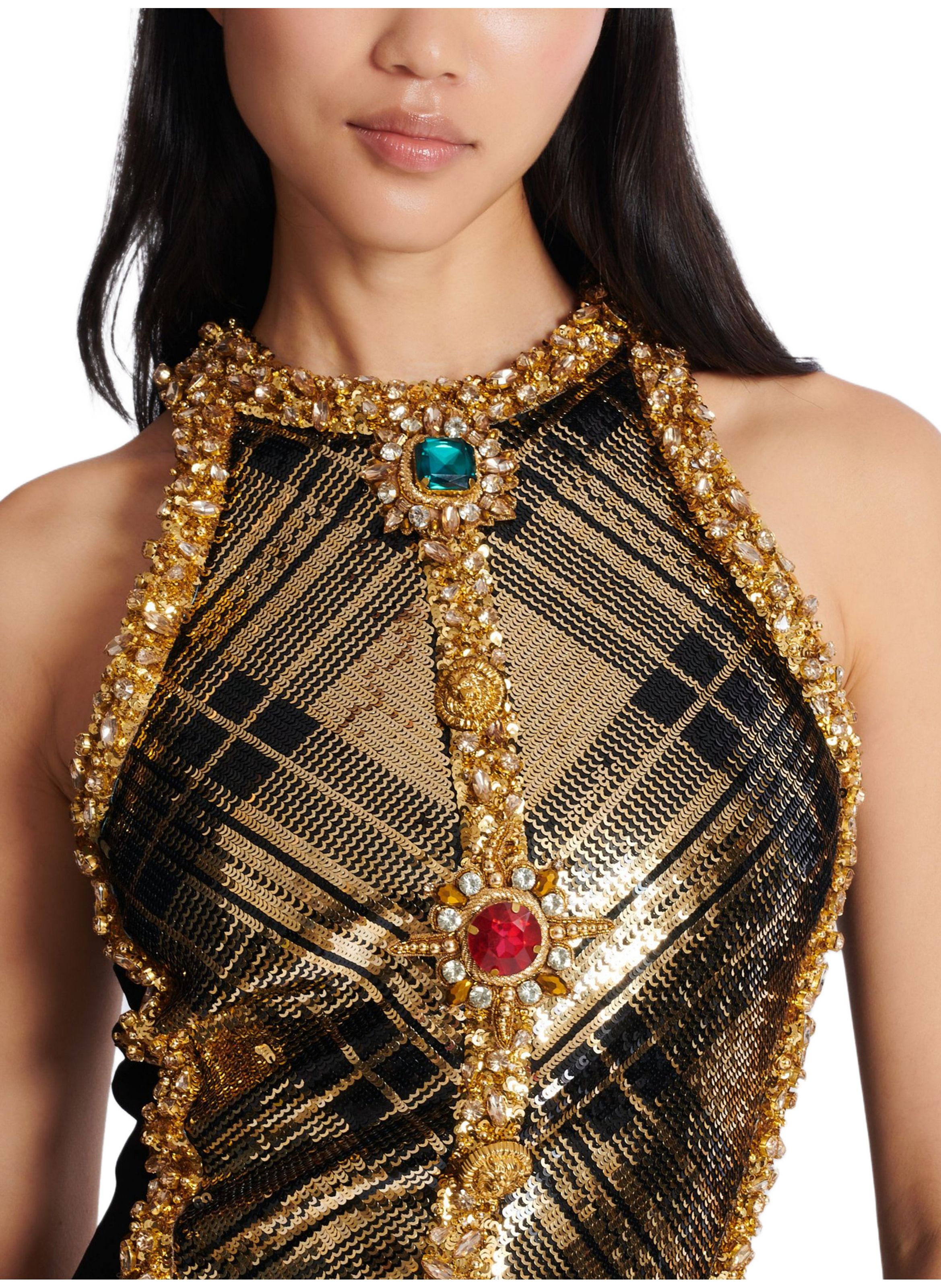 Robe courte sans manche brodée tartan BALMAIN Doré