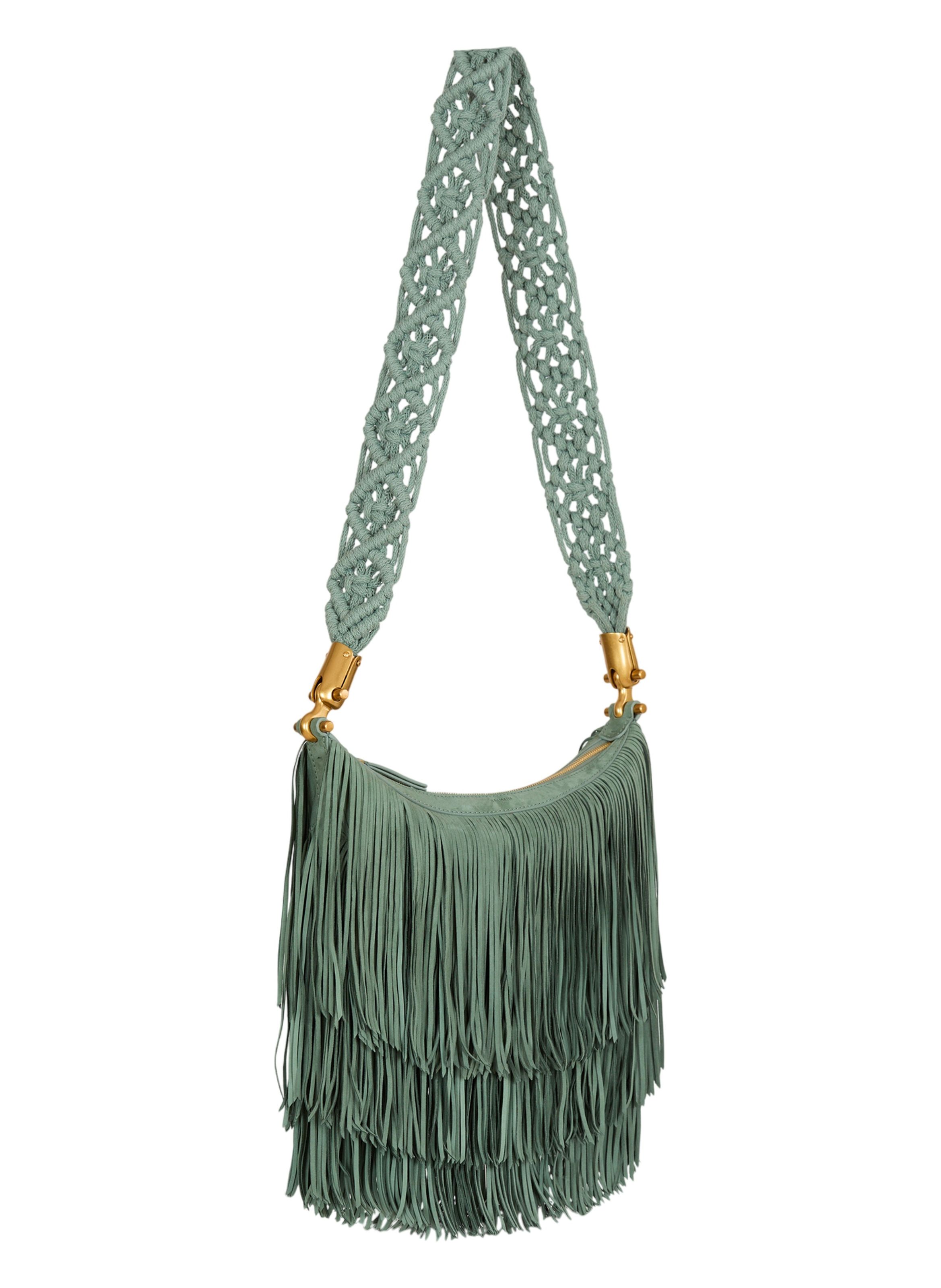 Sac ébène hobo en cuir suédé à franges BALMAIN Vert