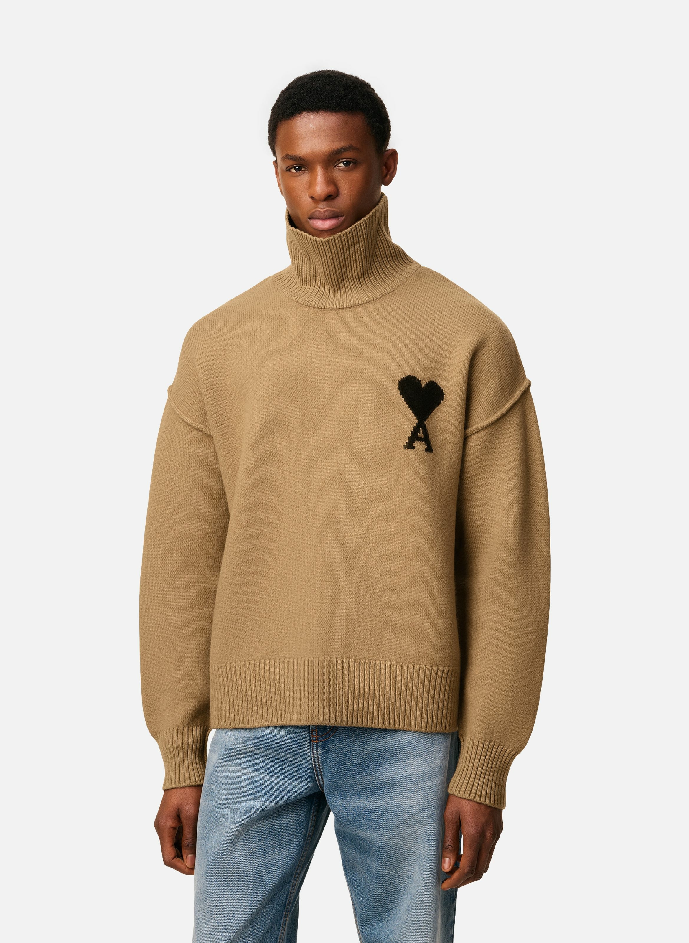 Pull col cheminée ami de coeur en laine unisexe AMI PARIS Marron