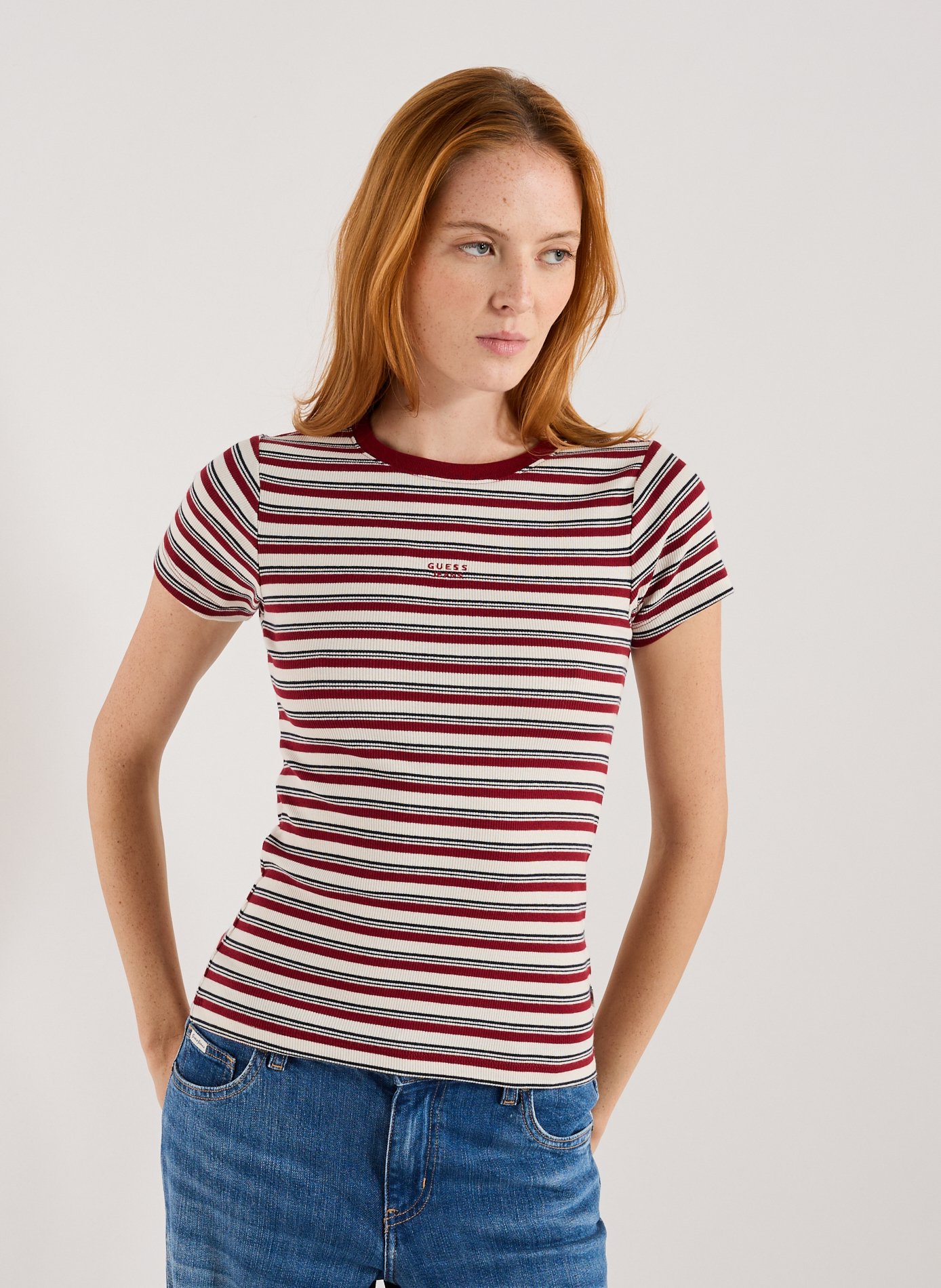 GUESS T-shirt à rayures en coton mélangé Rouge