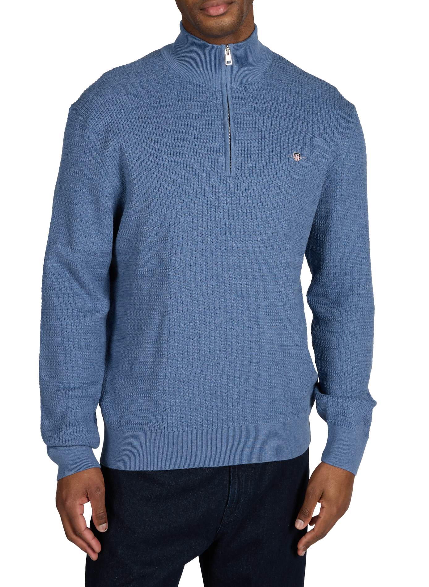 Pull mailles côtelées à col montant zippé en coton GANT Bleu