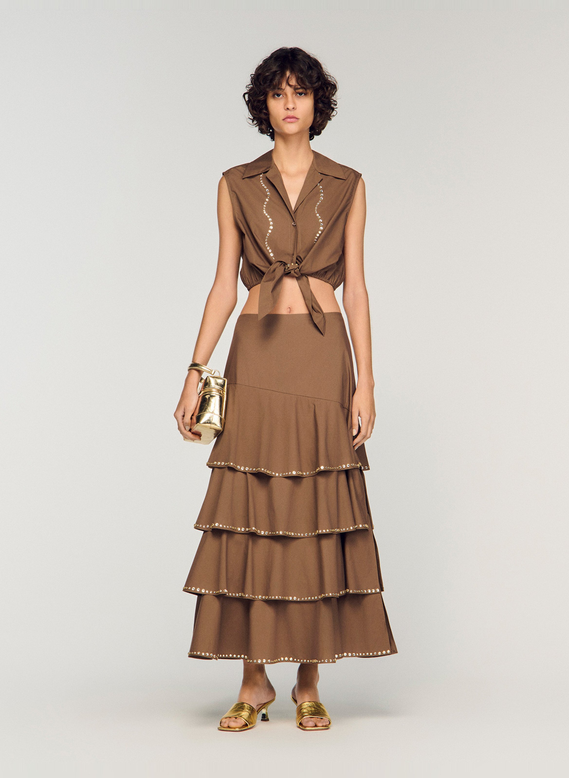 Top droit court en coton SANDRO Marron