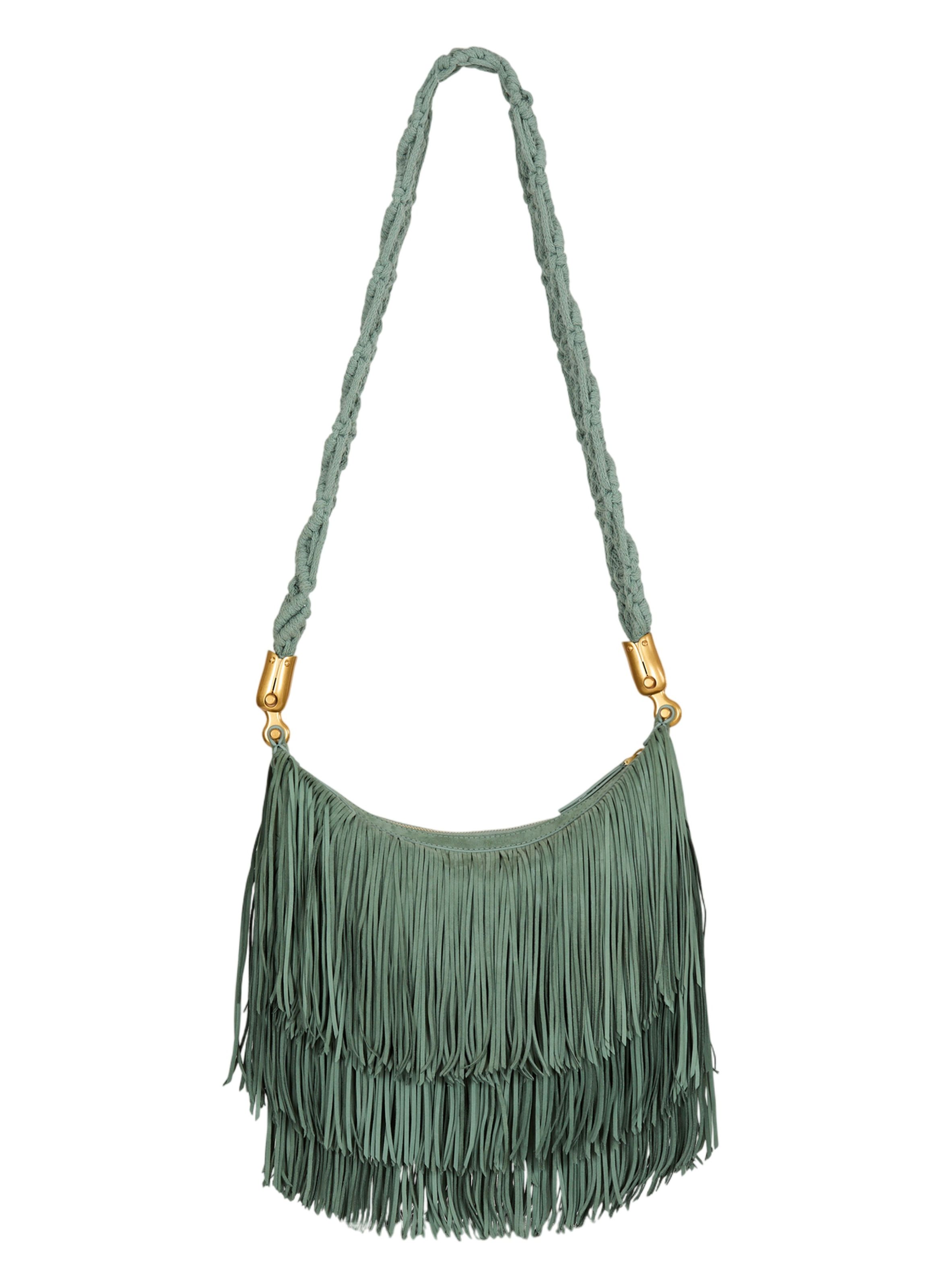 Sac ébène hobo en cuir suédé à franges BALMAIN Vert