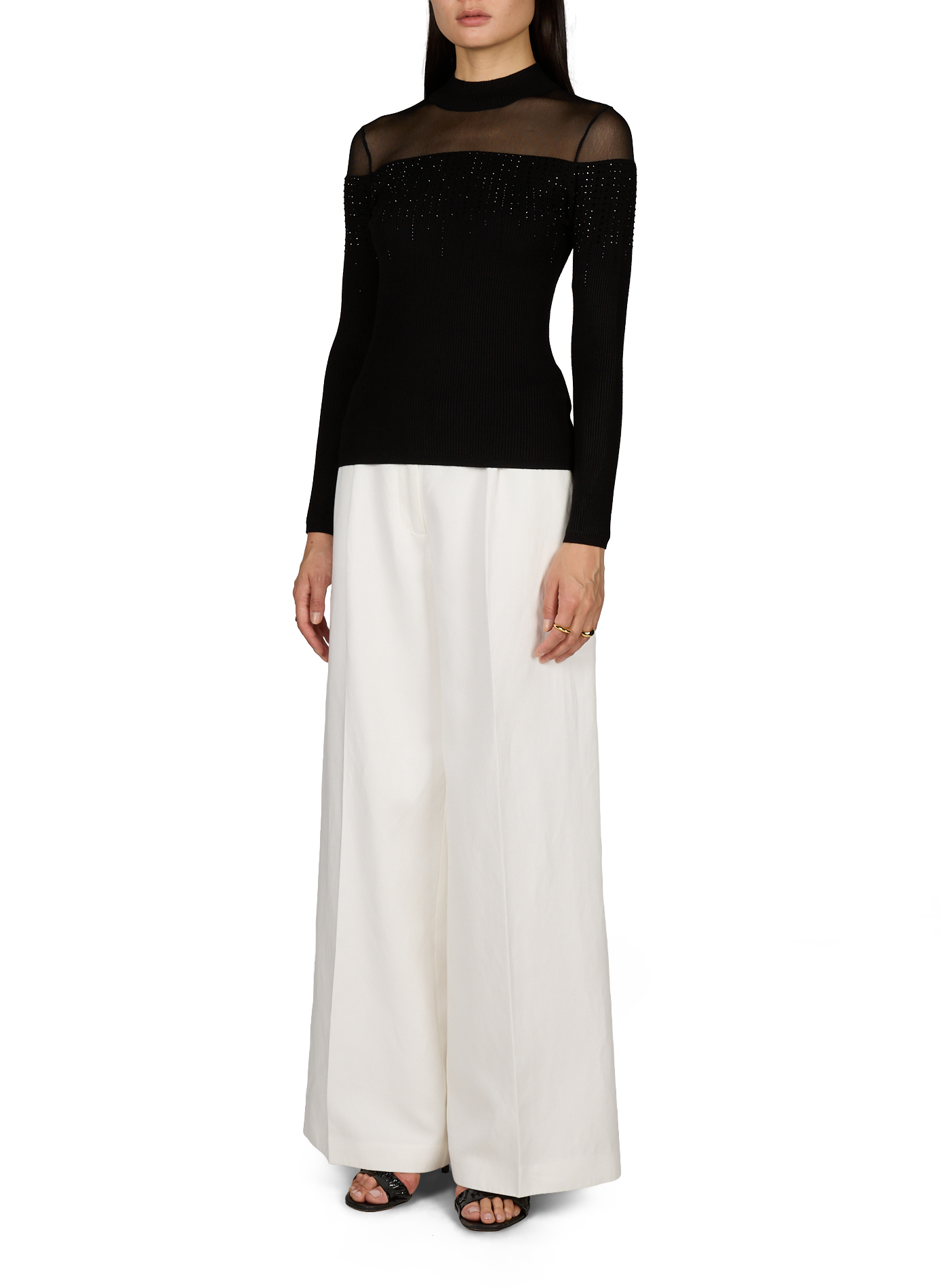 Ribbed sweater with transparent panel and rhinestones GUESS Black
