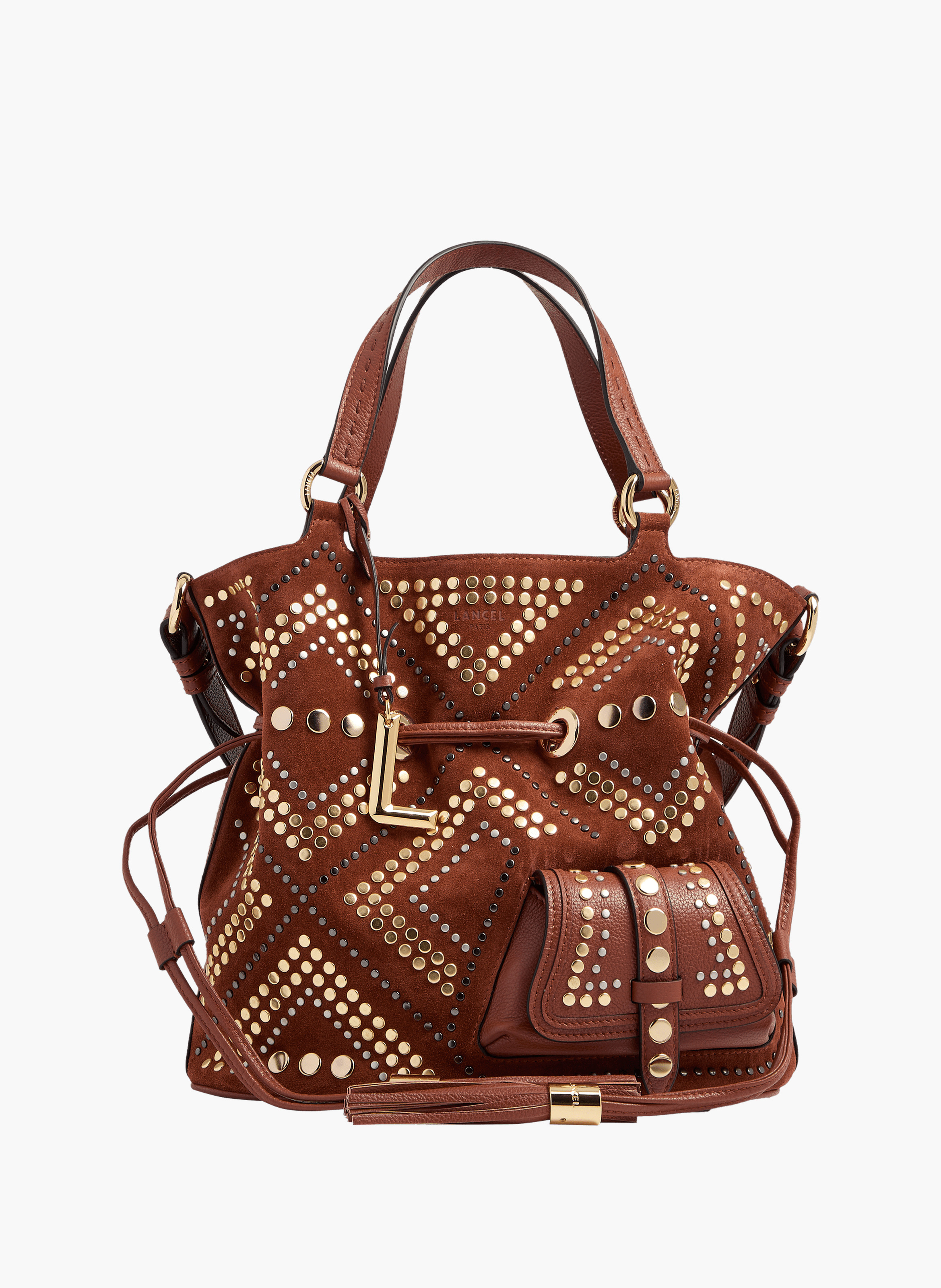 Sac seau premier flirt de lancel en animation 150y studs : studs, cuirs de vachette suede & graine LANCEL Rouge