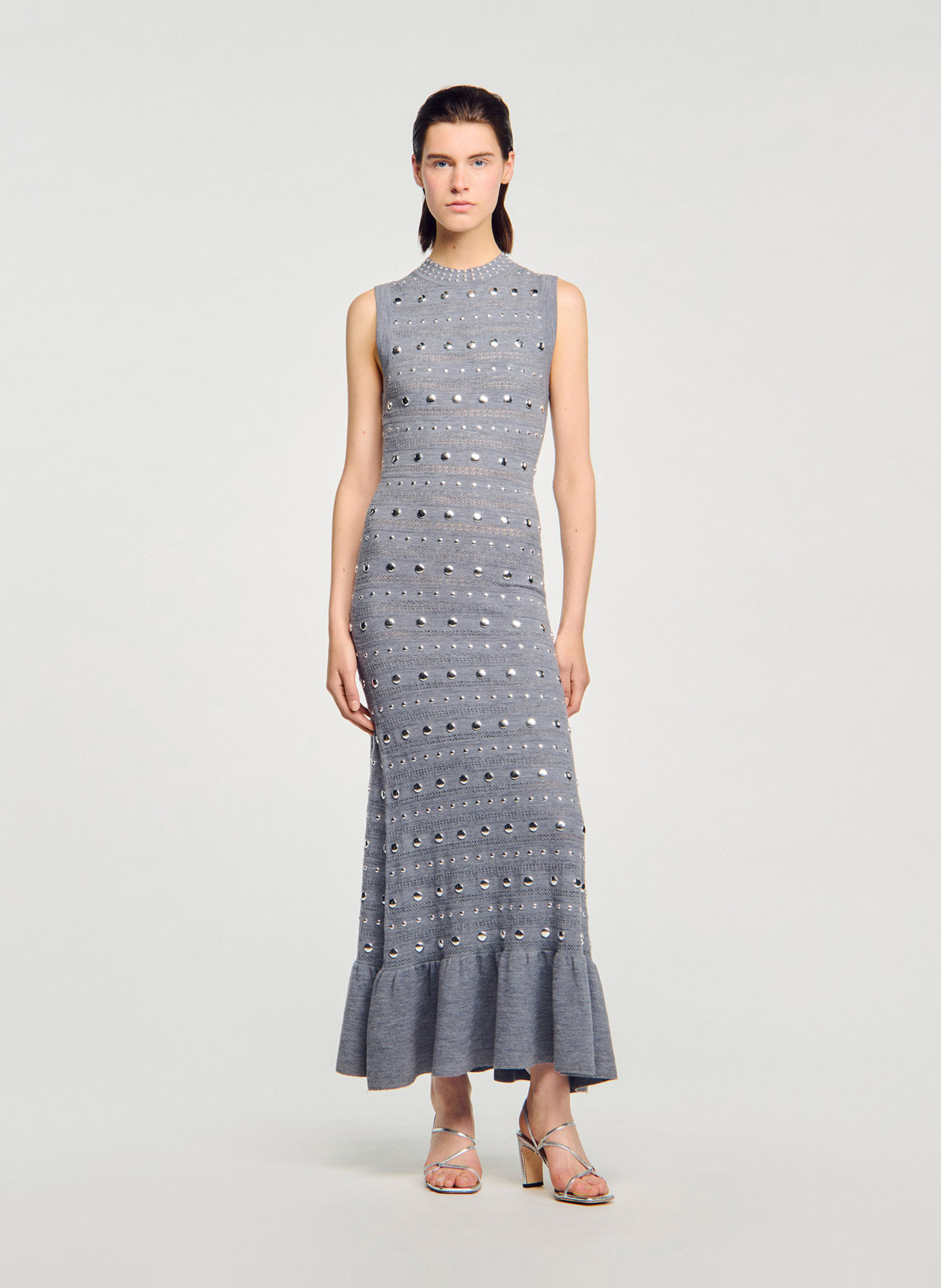 Robe longue moulante col rond en laine mélangée SANDRO Gris