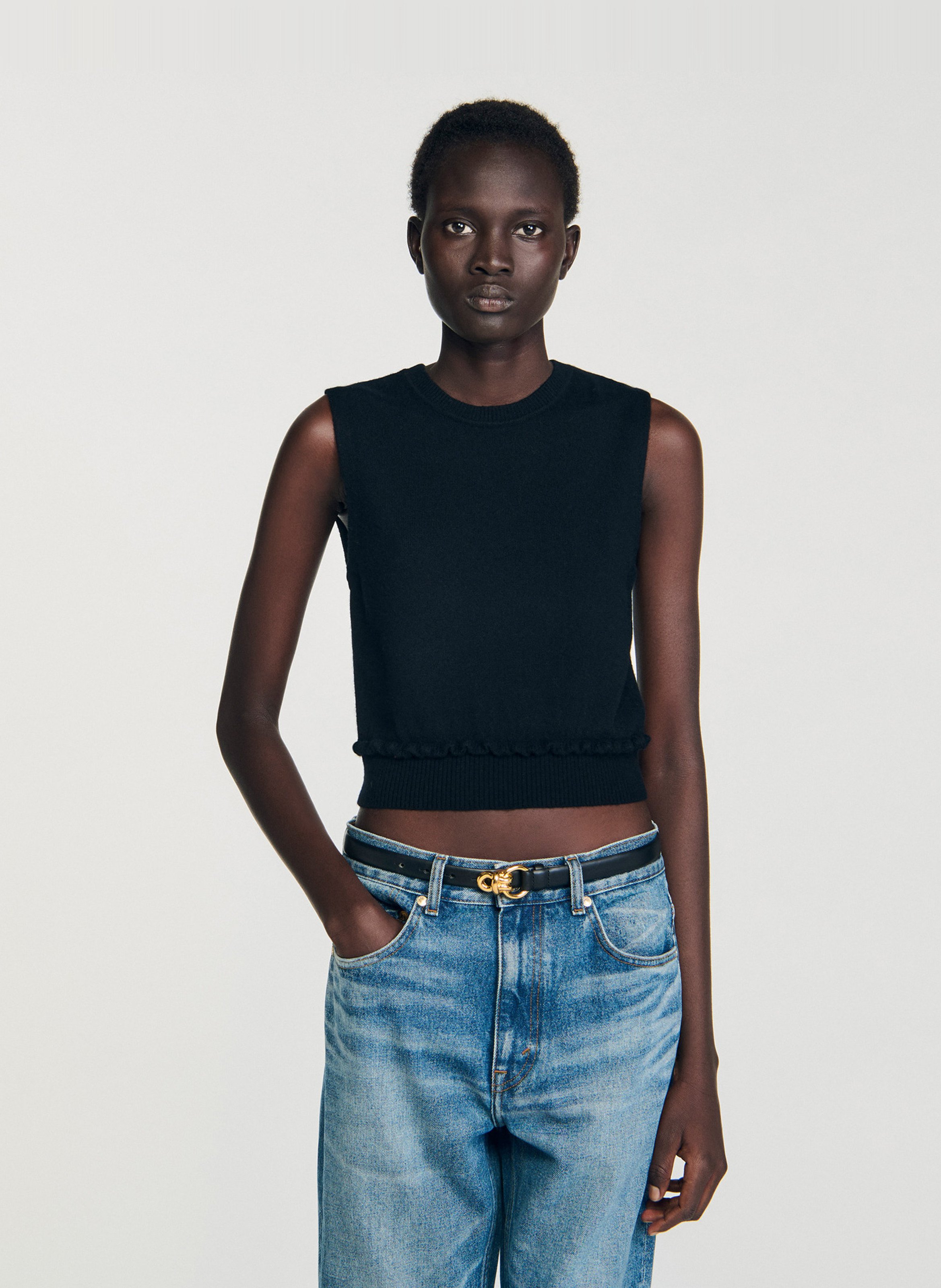 Pull court sans manches en laine et cachemire SANDRO Noir