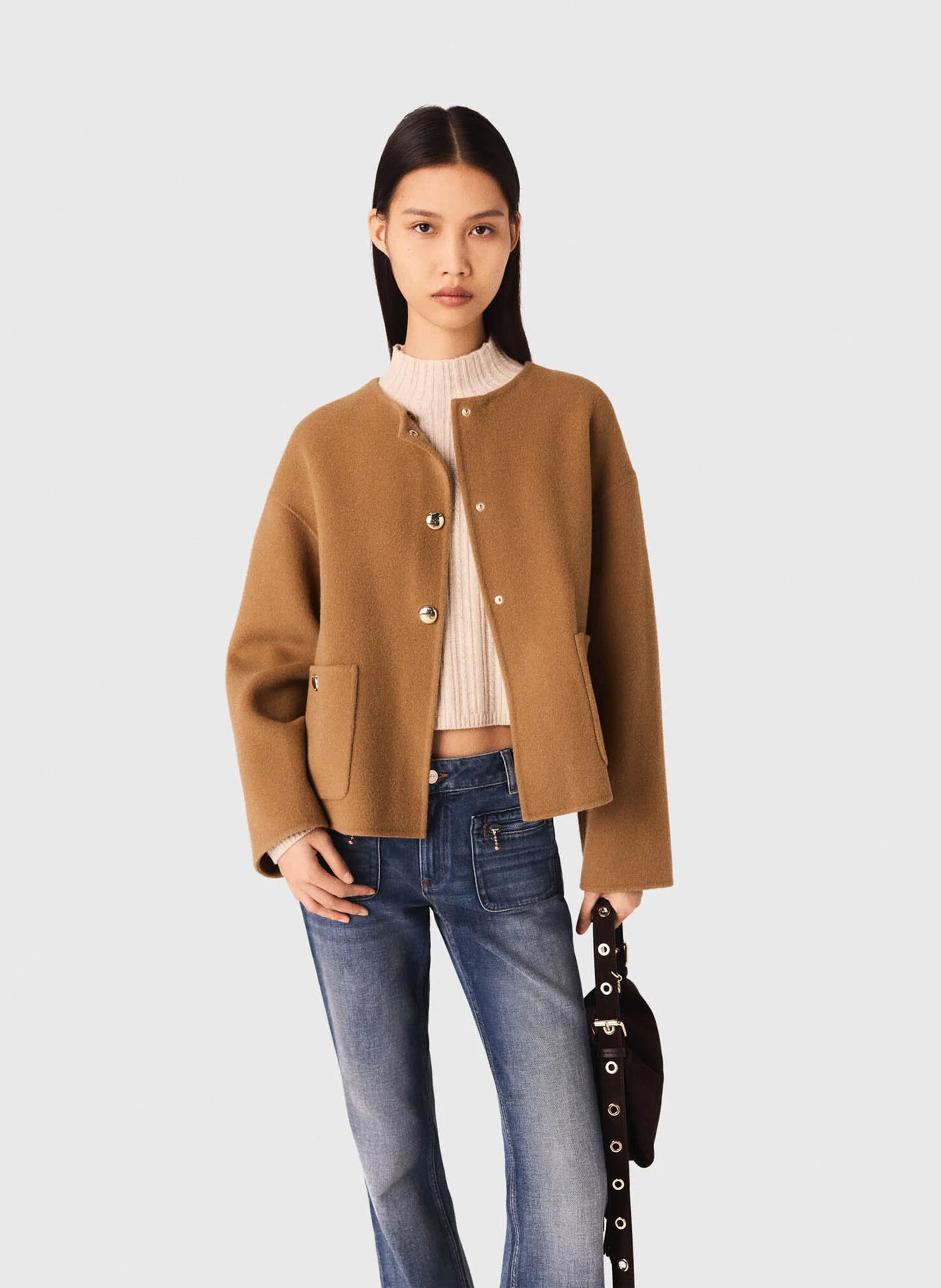 Manteau droit en laine mélangée MAJE Beige