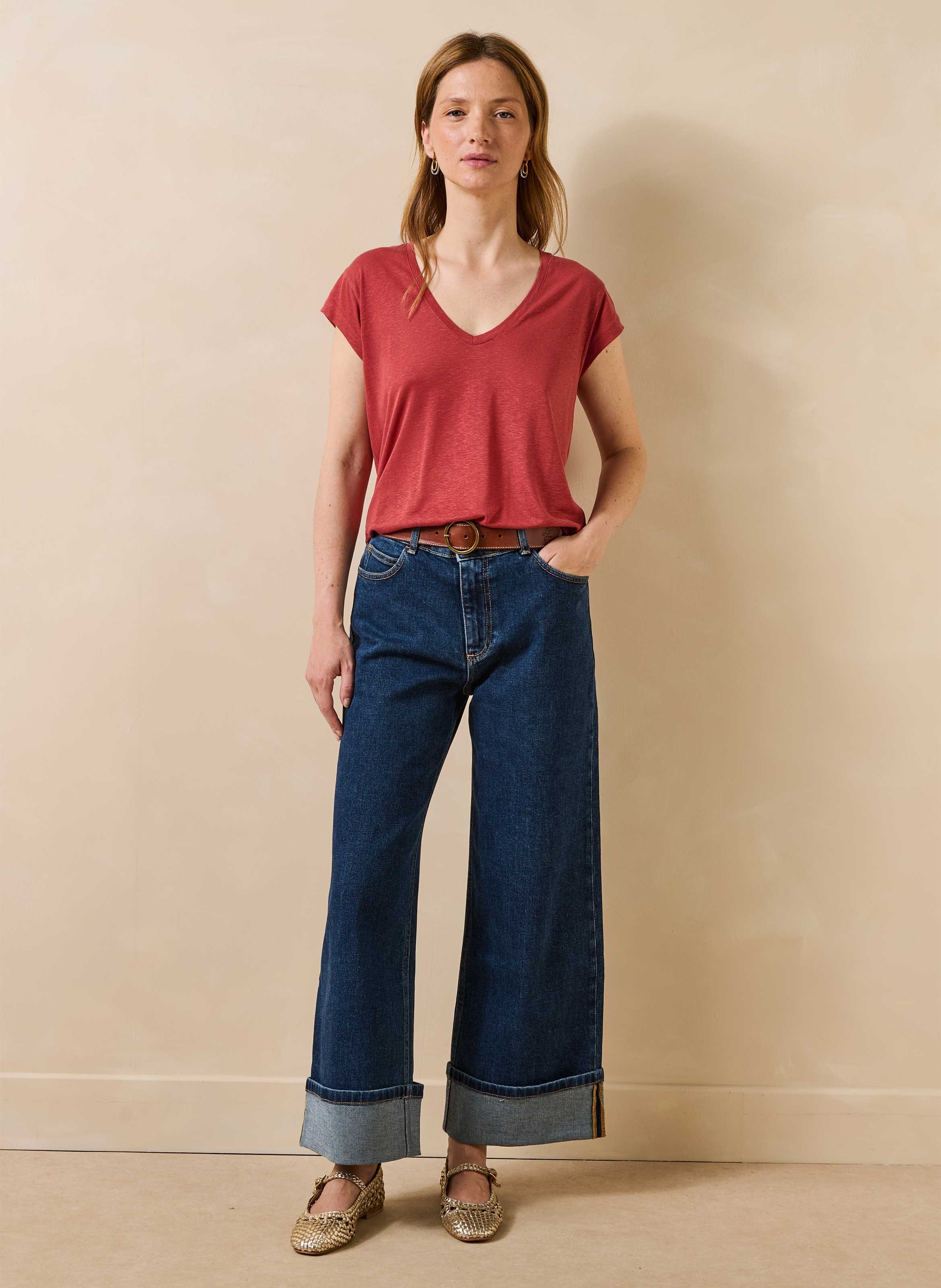 Recht T-shirt met effen kleur en V-hals LA FEE MARABOUTEE Rood