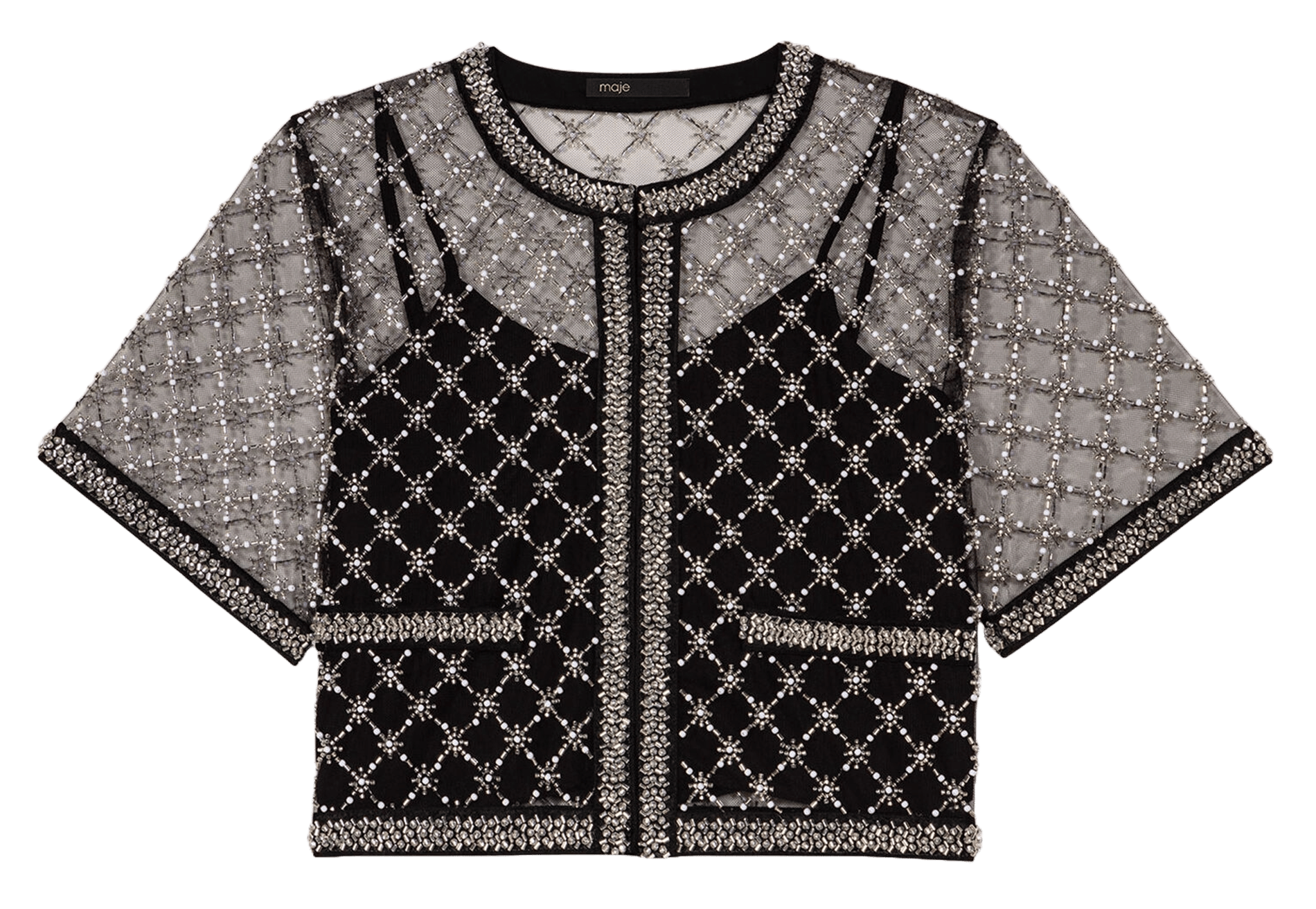 Top col rond à perles brodées Noir