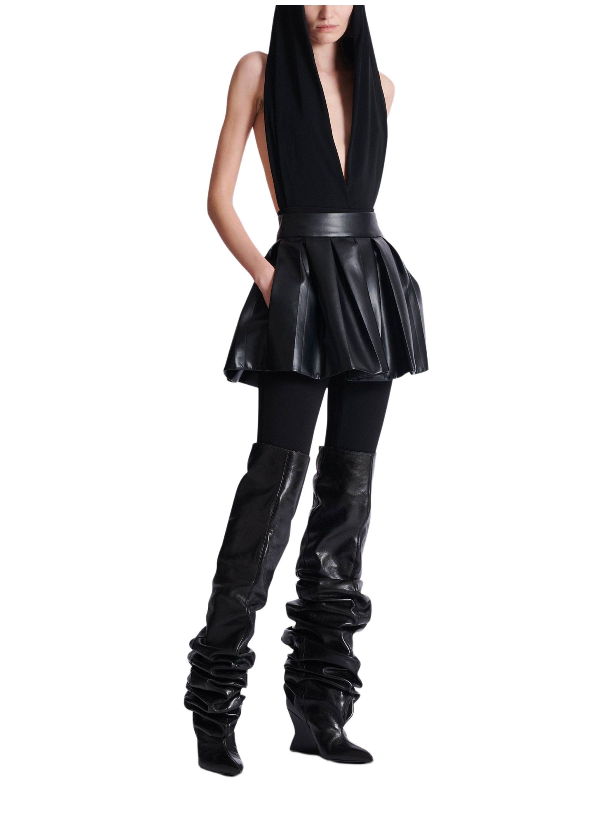 Jupe courte plissée en cuir synthétique BALMAIN Noir