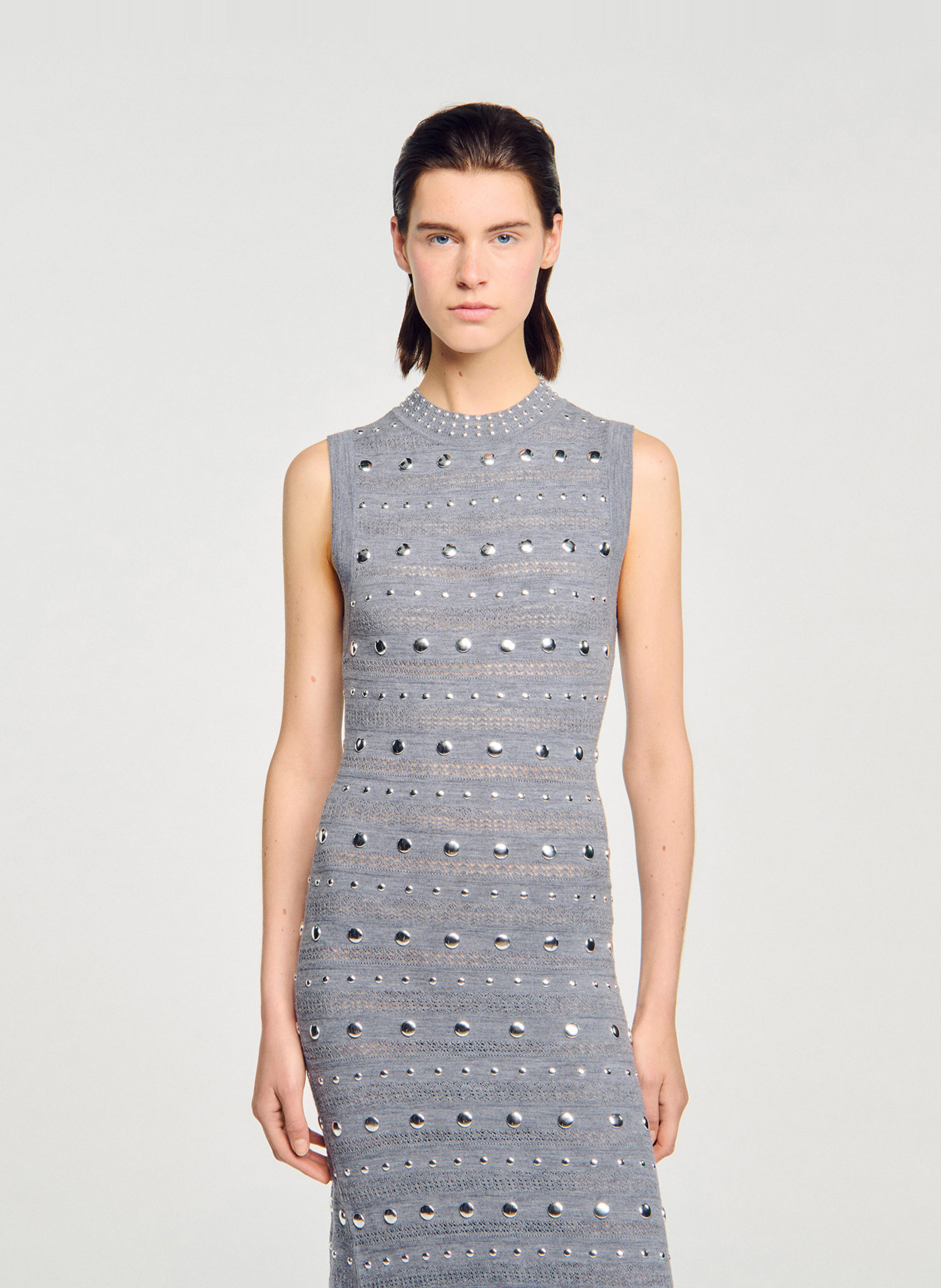 Robe longue moulante col rond en laine mélangée SANDRO Gris