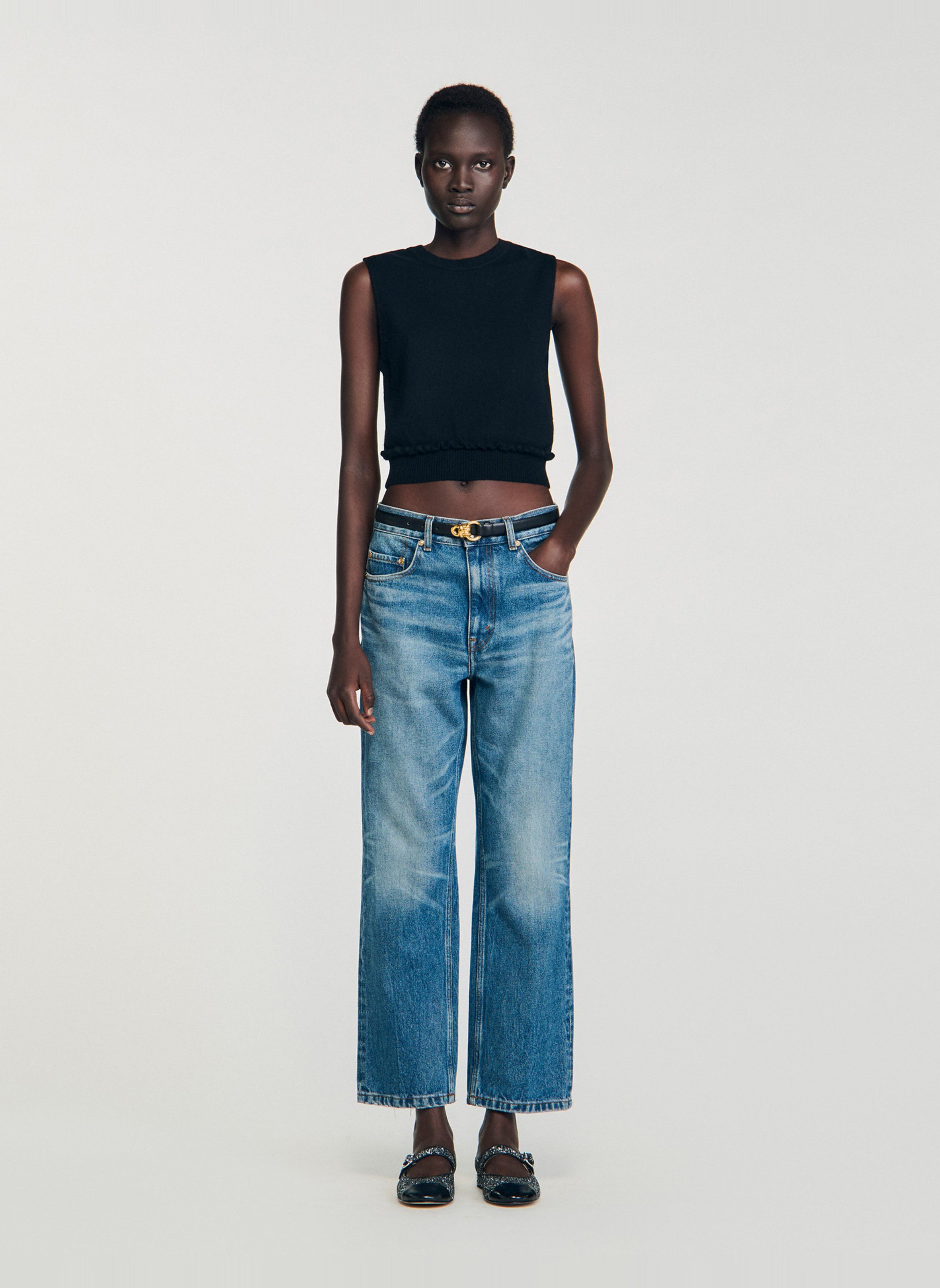 Pull court sans manches en laine et cachemire SANDRO Noir