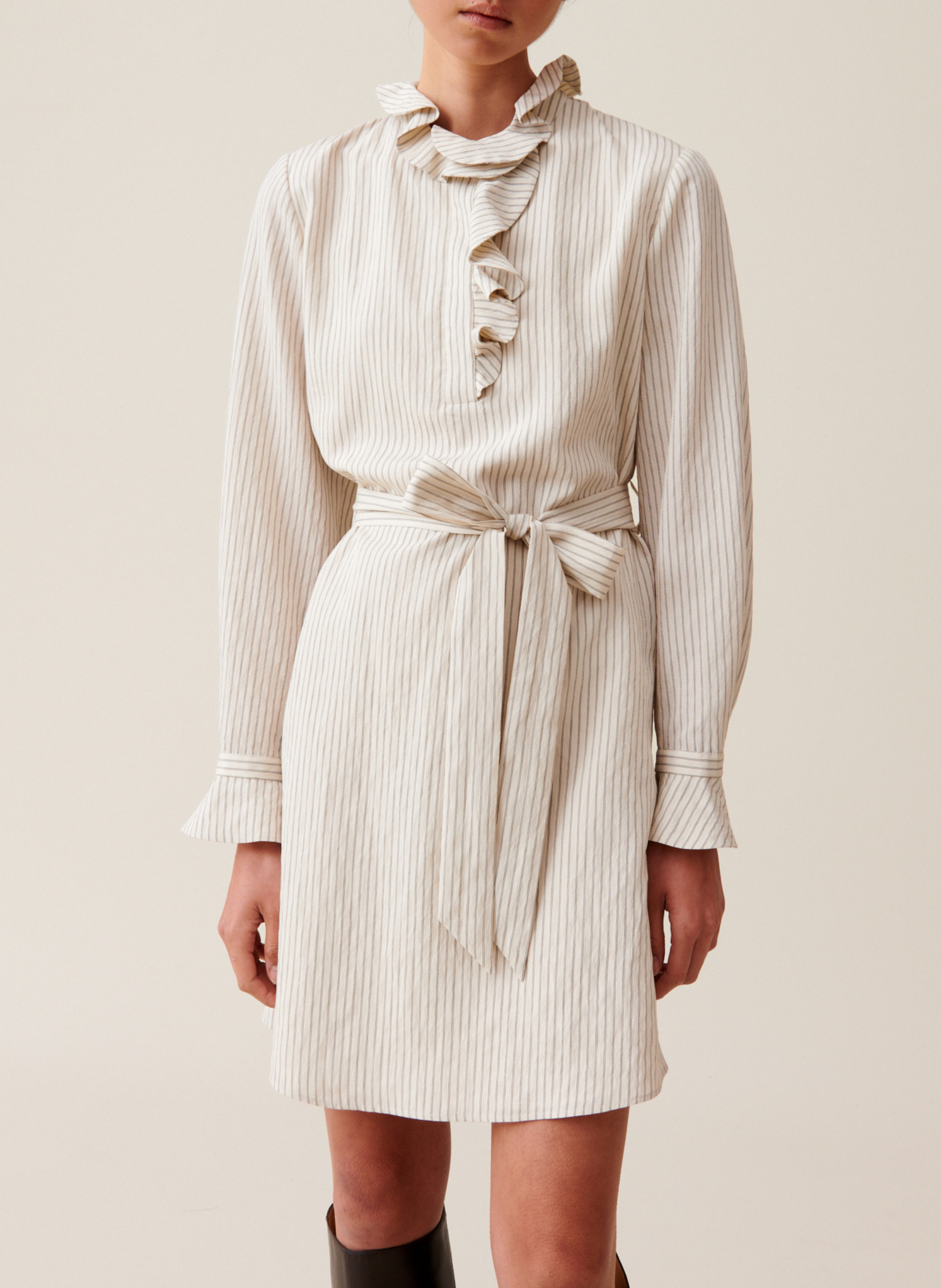 Robe courte col volanté rayée CLAUDIE PIERLOT Beige