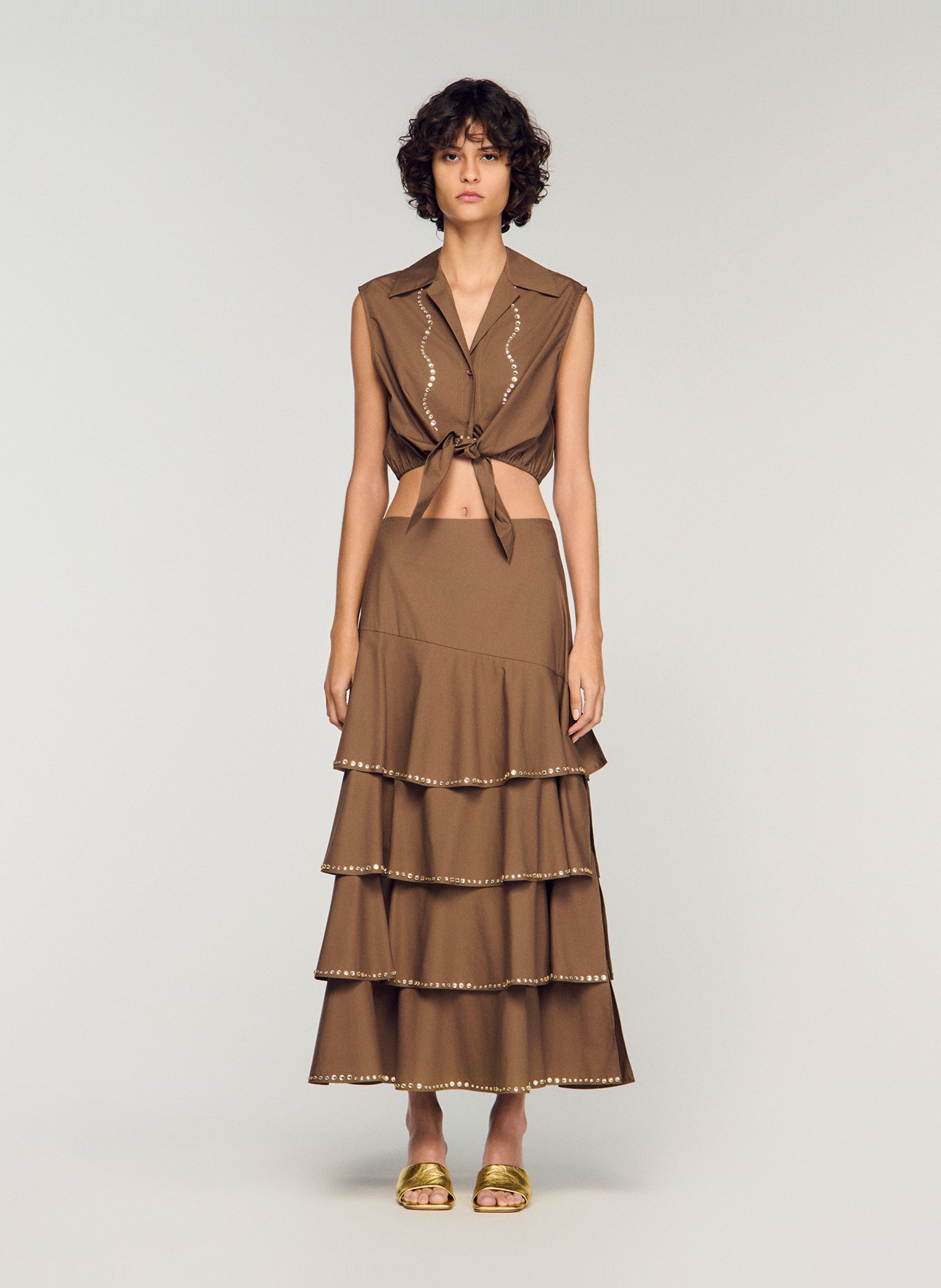 Top droit court en coton SANDRO Marron