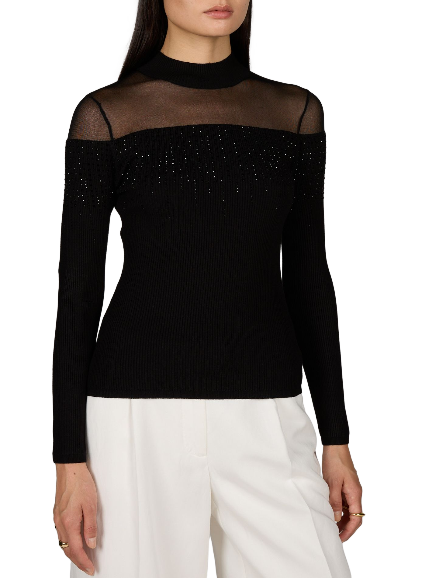 Ribbed sweater with transparent panel and rhinestones GUESS Black