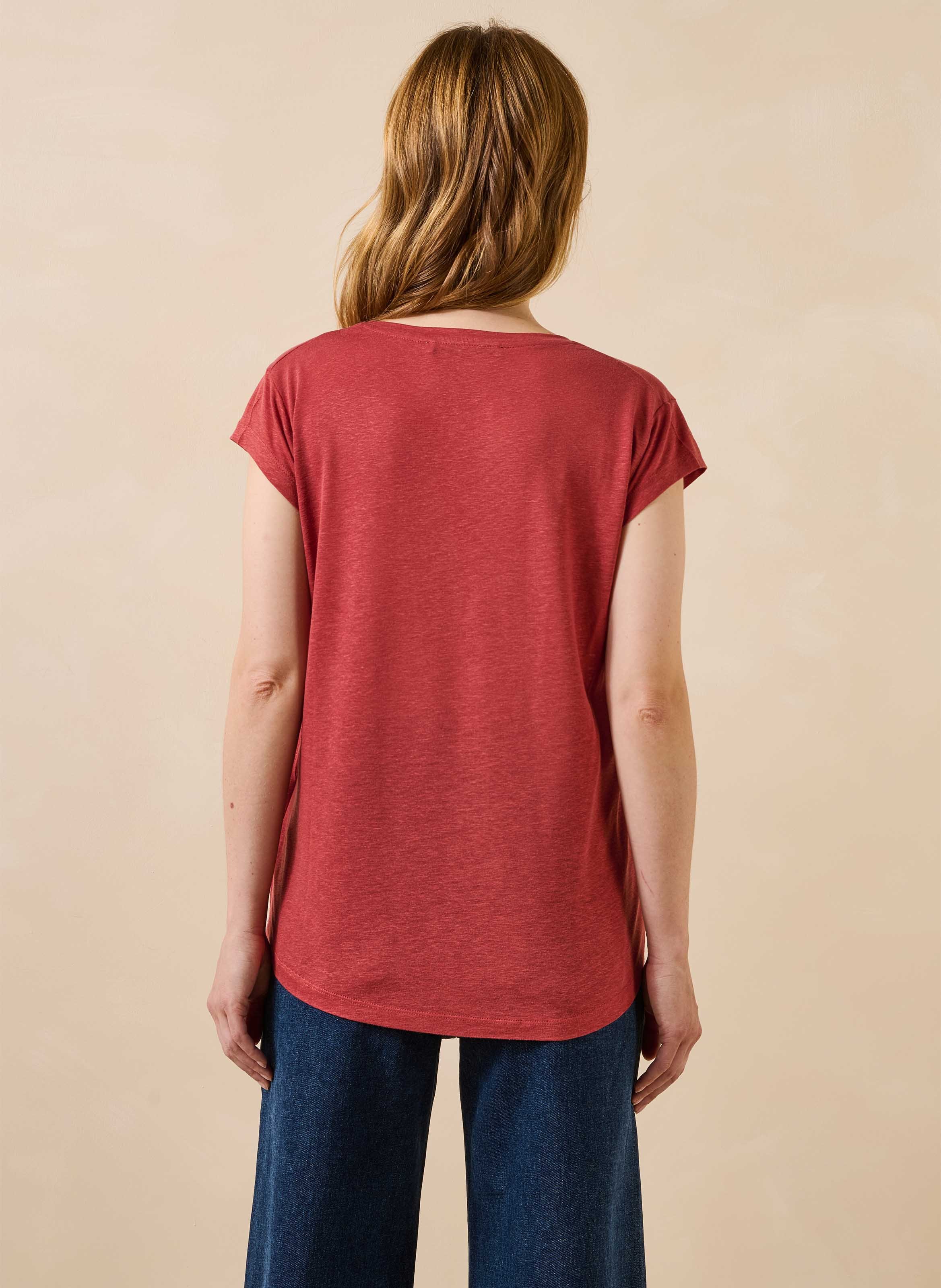Recht T-shirt met effen kleur en V-hals LA FEE MARABOUTEE Rood