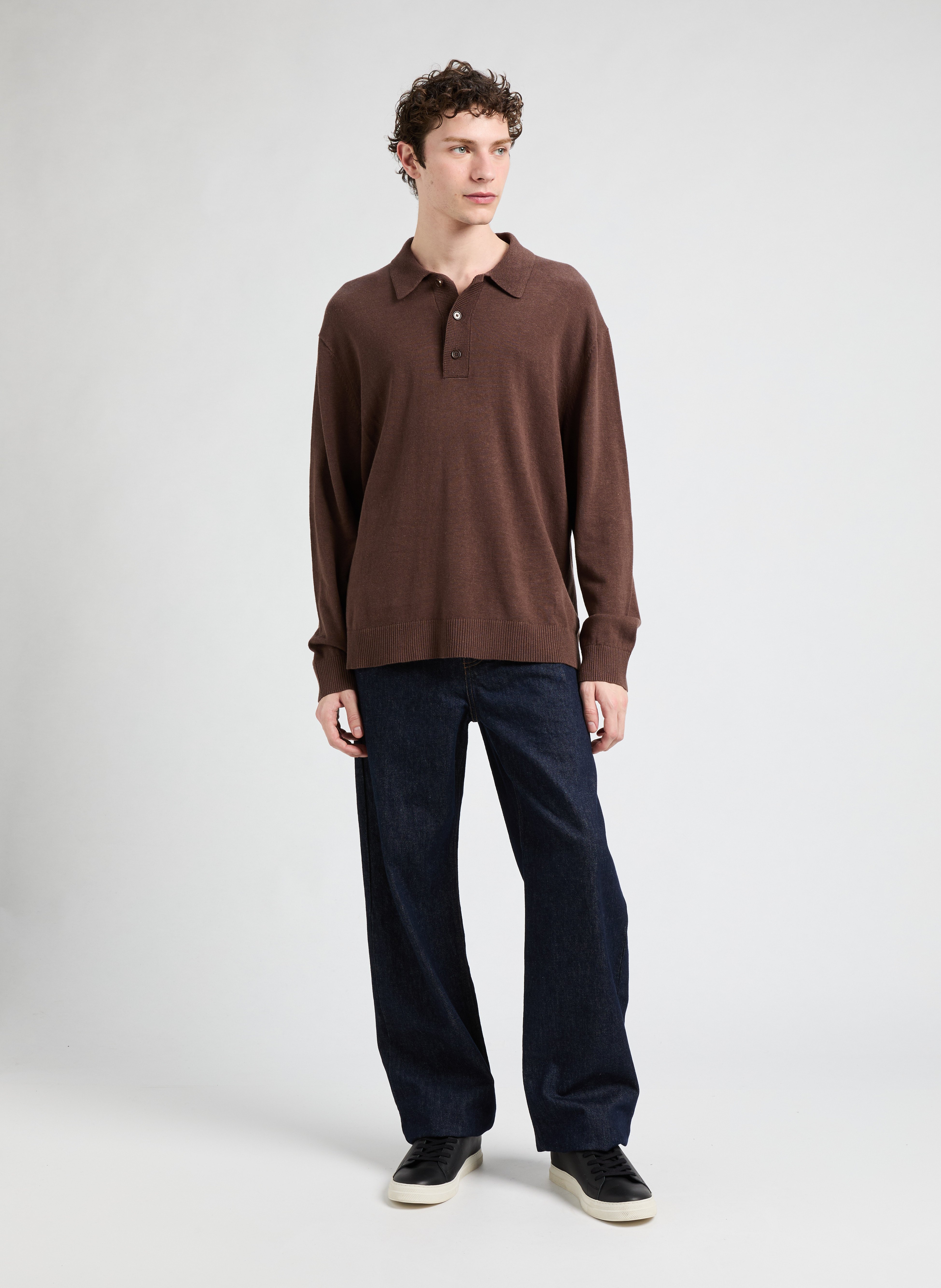 Pull col polo en coton et lin  SAISON 1865 Marron