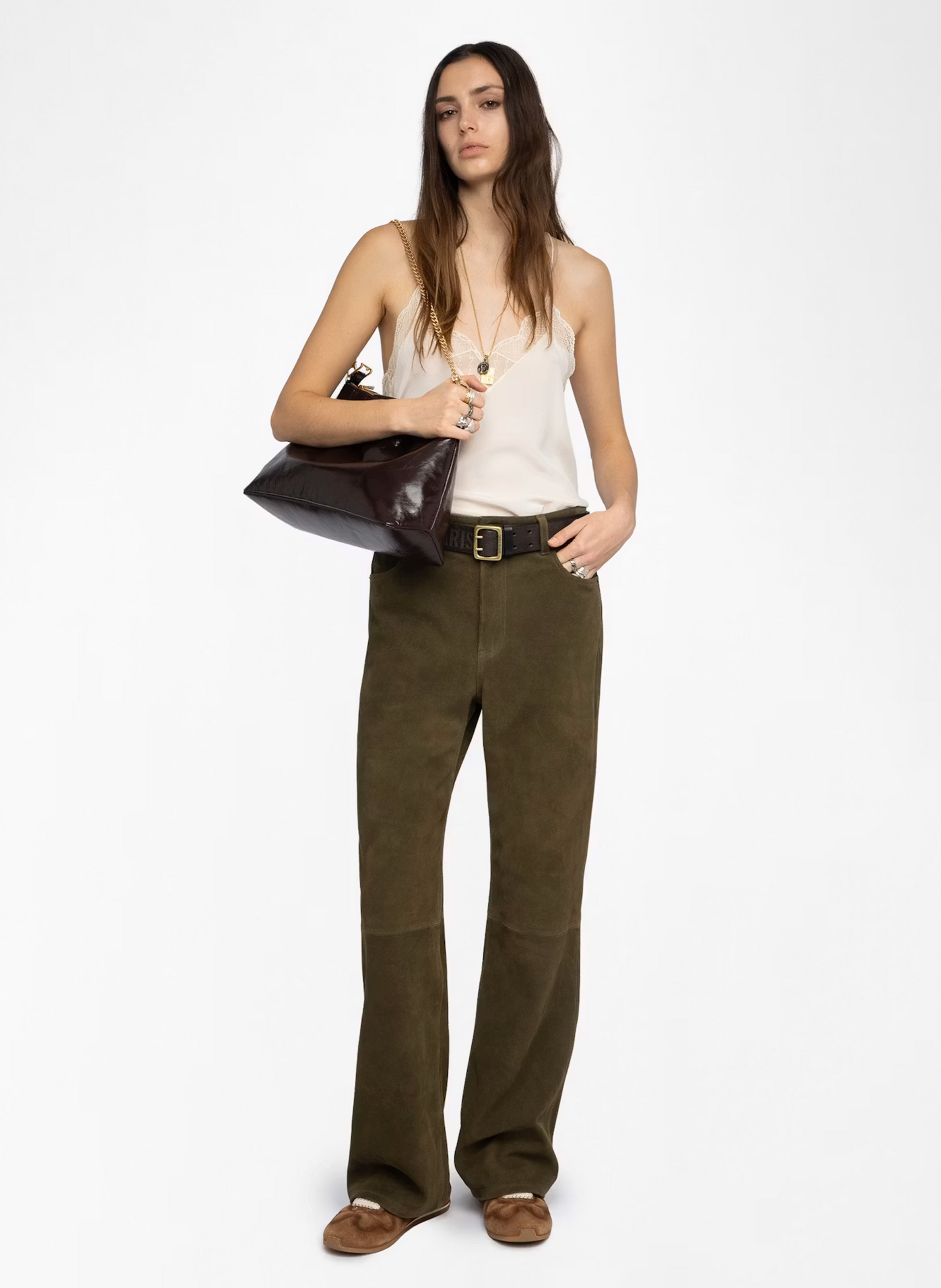 Pantalon droit en cuir taille haute evy ZADIG&VOLTAIRE Vert