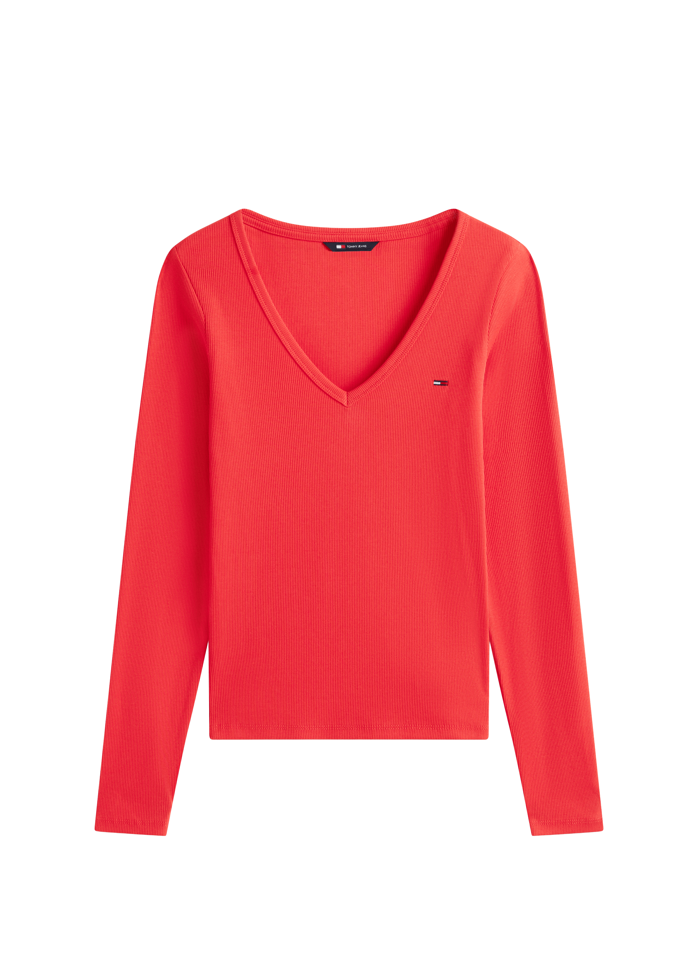 T-shirt côtelé à col V en coton mélangé TOMMY HILFIGER Rouge